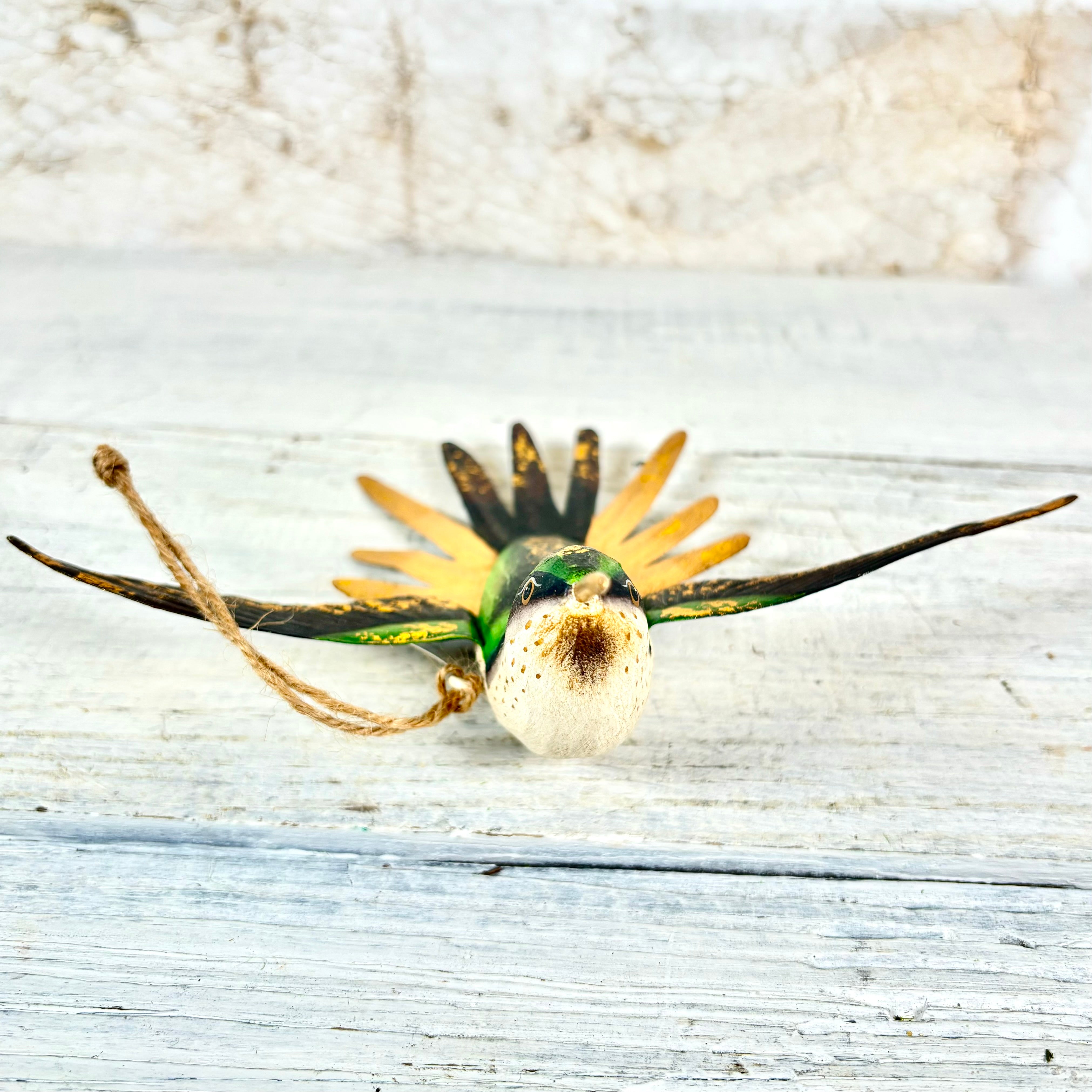 Hand Carved Wood Hummingbird Ornament Green Gold