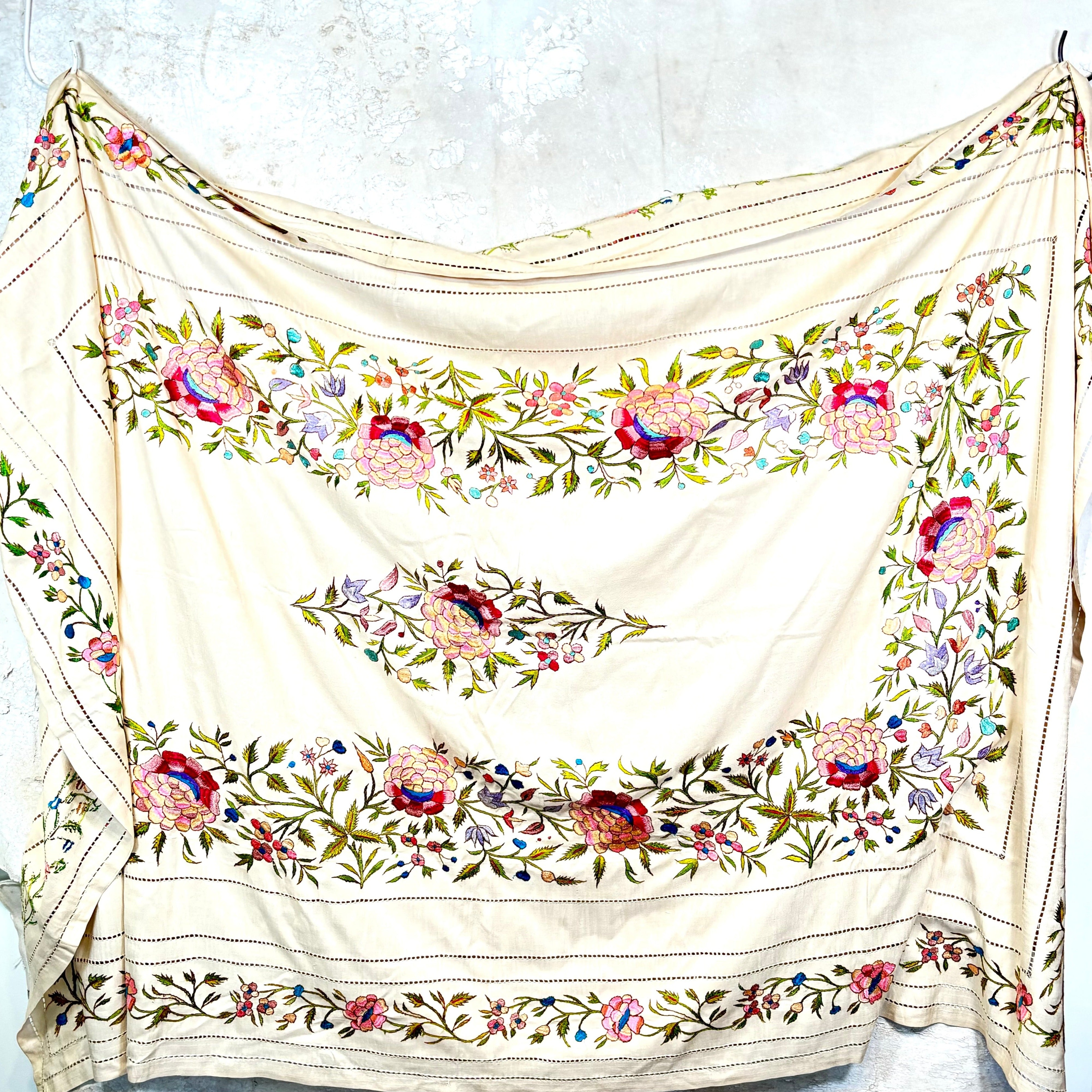 Vintage Embroidered Floral Tablecloth