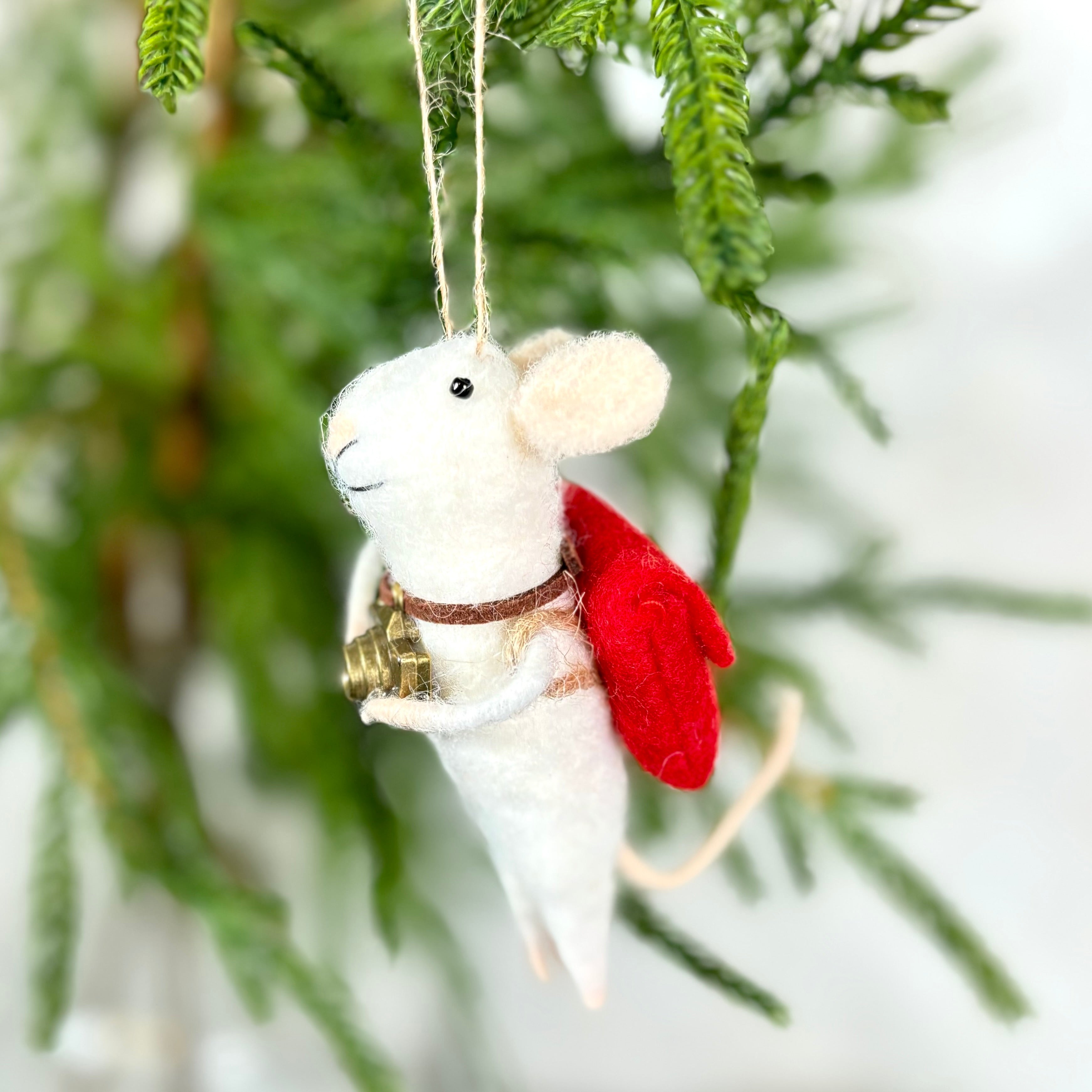 Felt Photographer Mouse Holding Camera with a Red Backpack