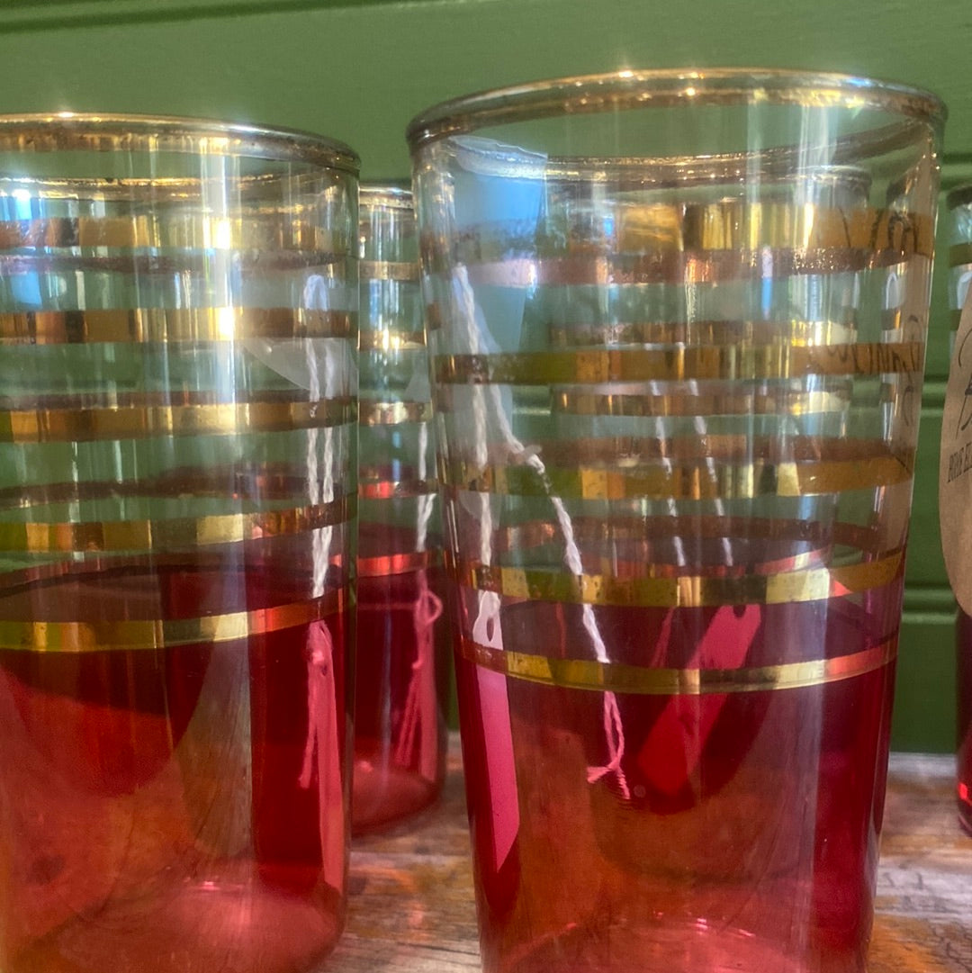 Mid Century Modern Red and Gold Strip Glasses Set of Six