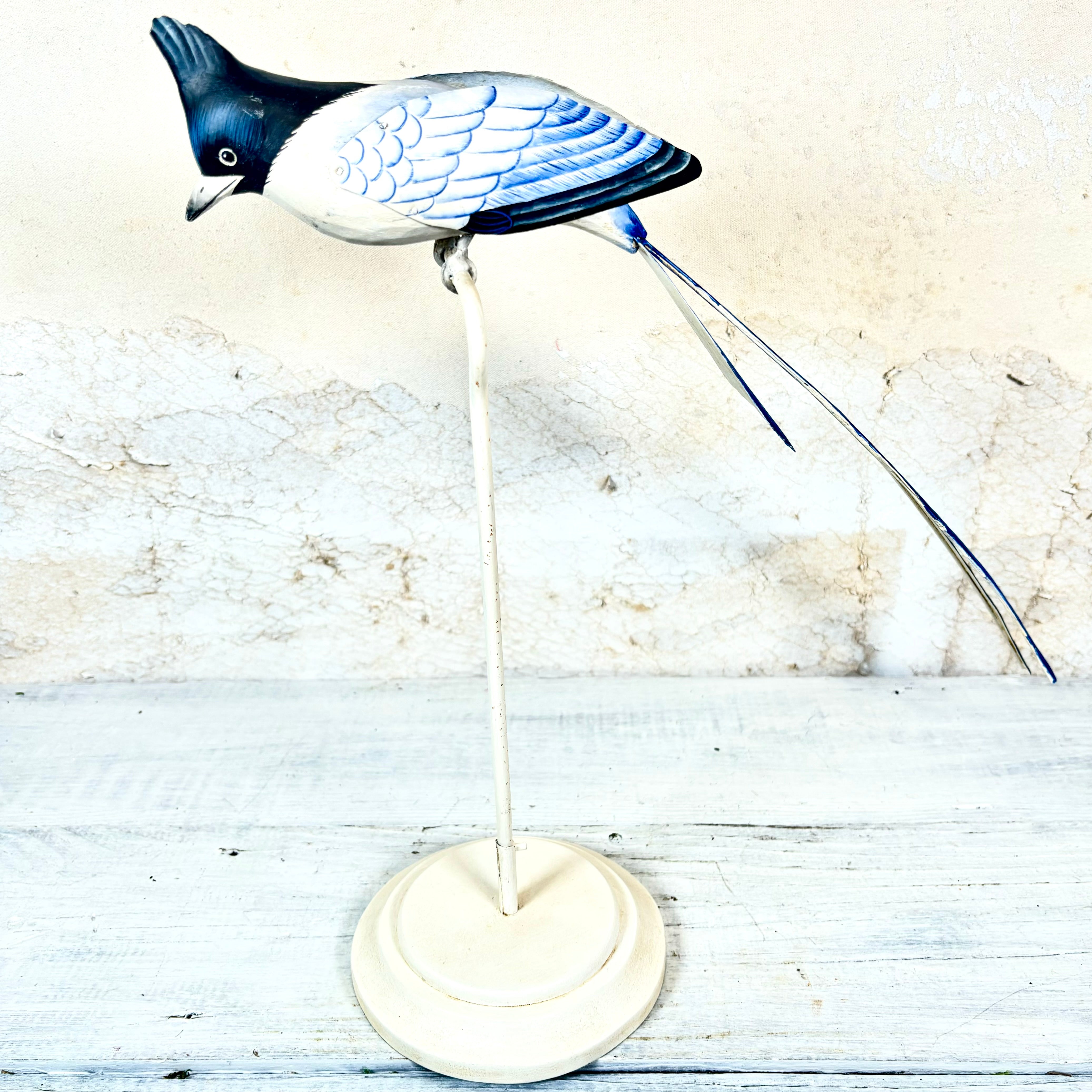 Hand Carved Wood Long Tailed Blue White Bird on Stand 14"