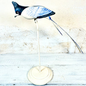 Hand Carved Wood Long Tailed Blue White Bird on Stand 14"