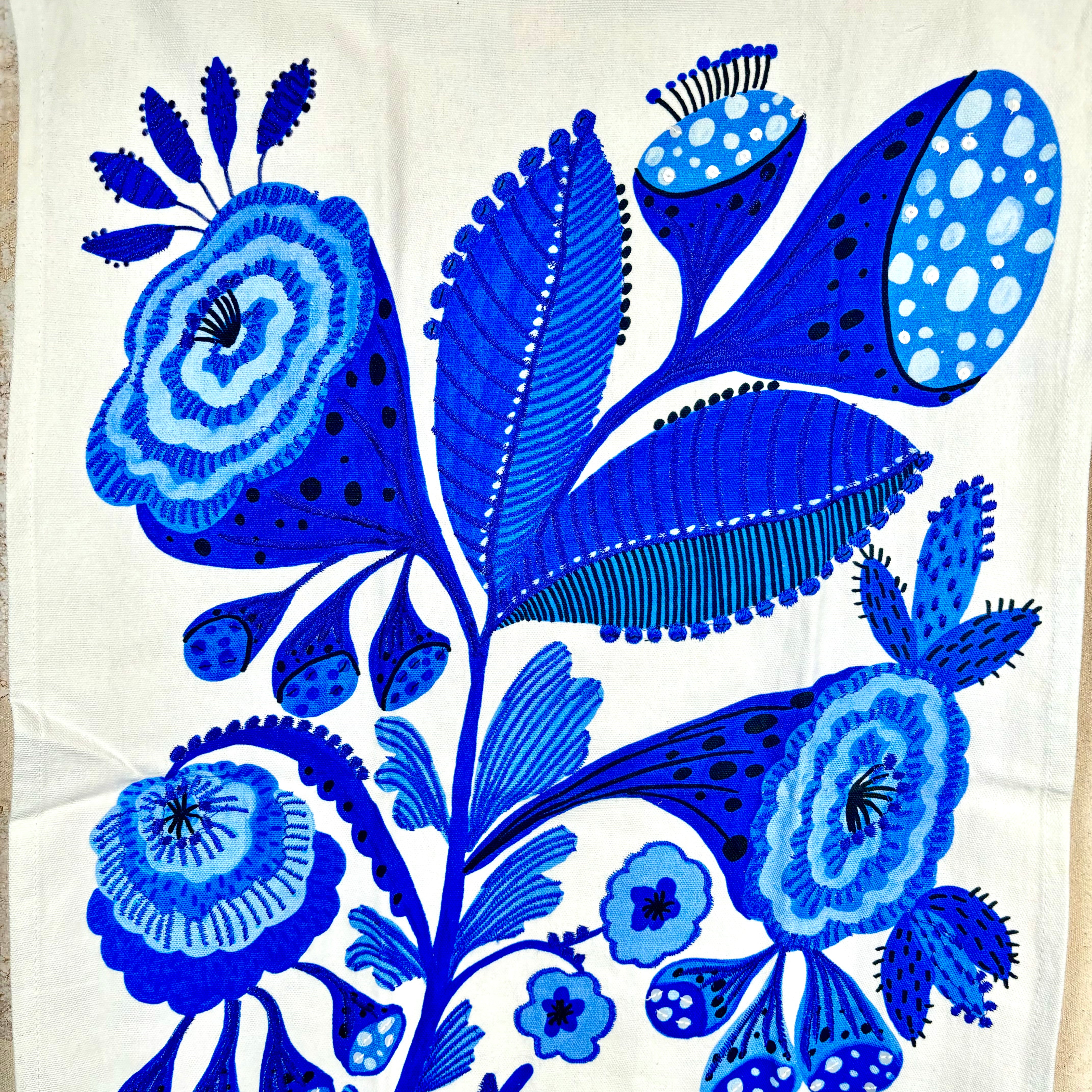 Blue and White Embroidered Palm Leaves Dish Towel