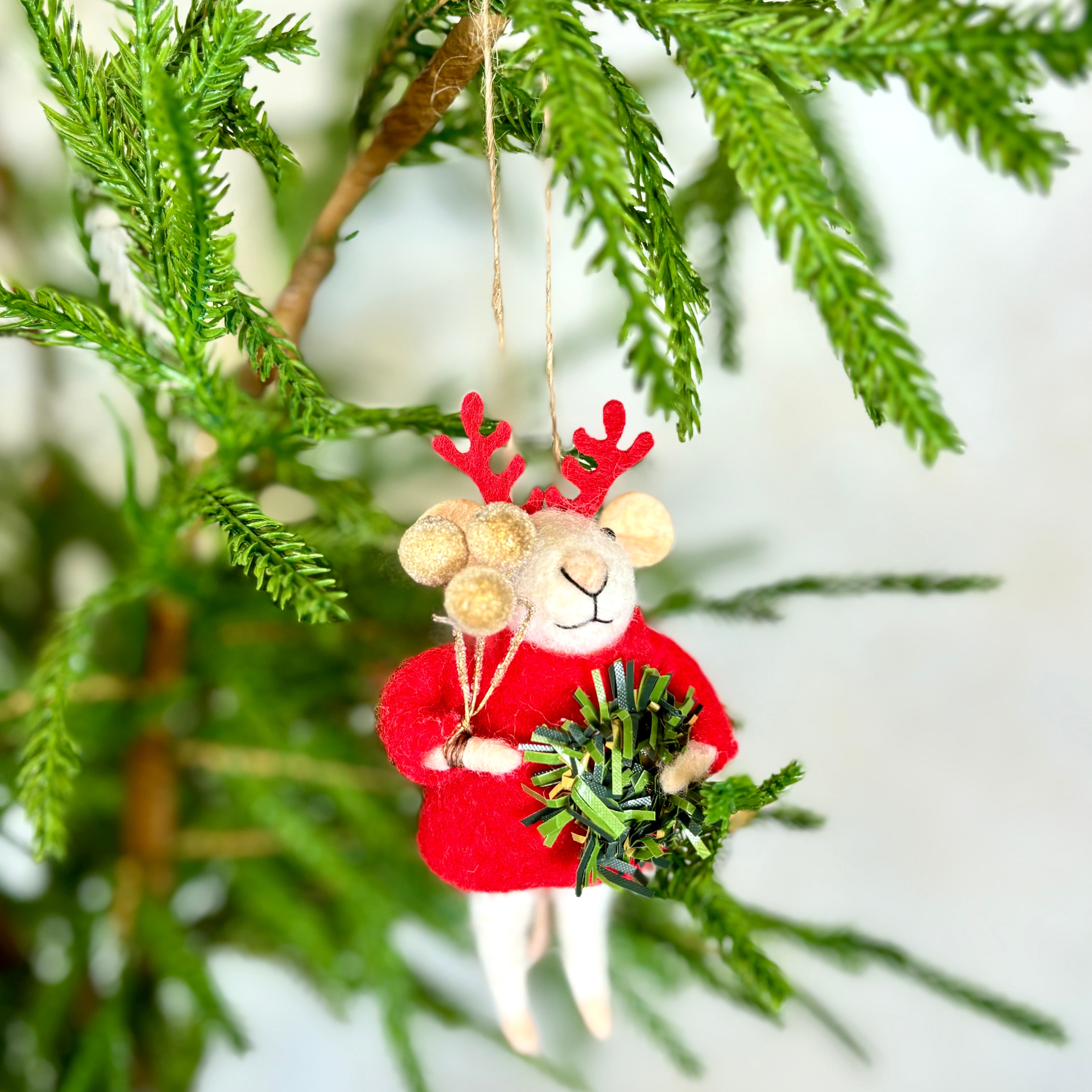 Felt Mouse with Wreath and Gold Berries Ornament