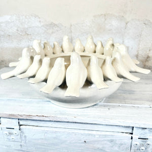 Ceramic Low Vase with Birds Cream