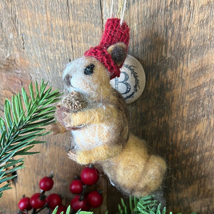 Wool Felt Holiday Squirrel in Knitted Red Hat with Acorn