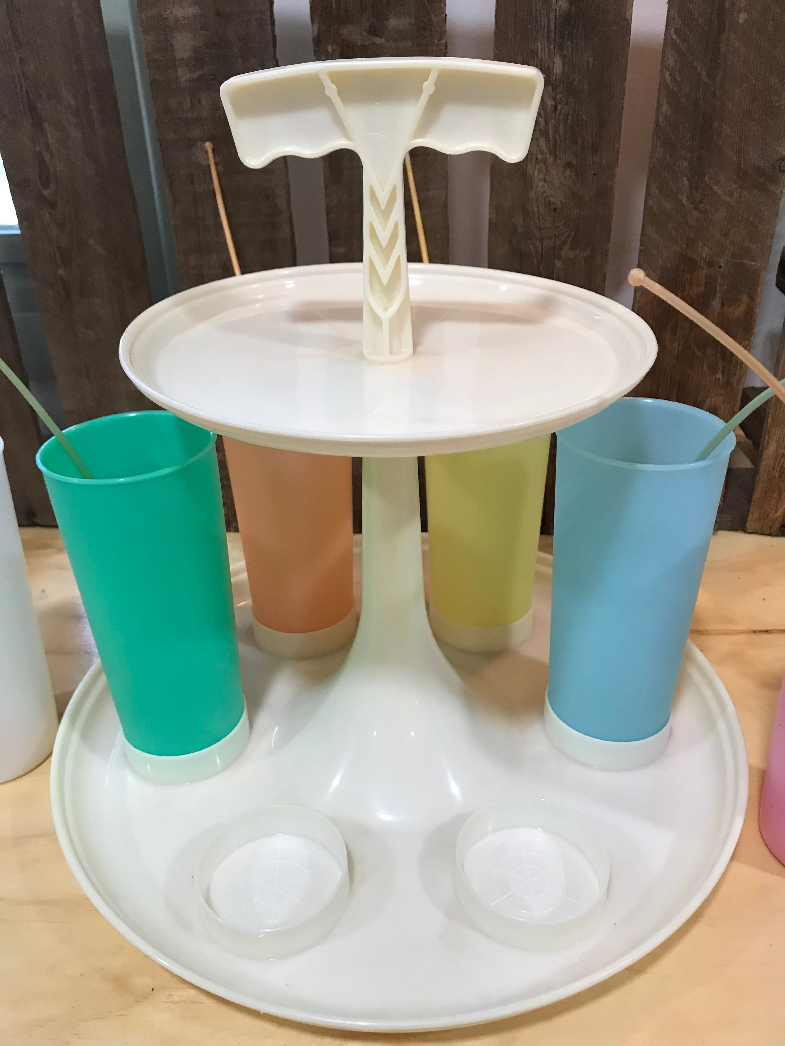 1960's Tupperware Drink Caddy with Tumblers and Stirrers