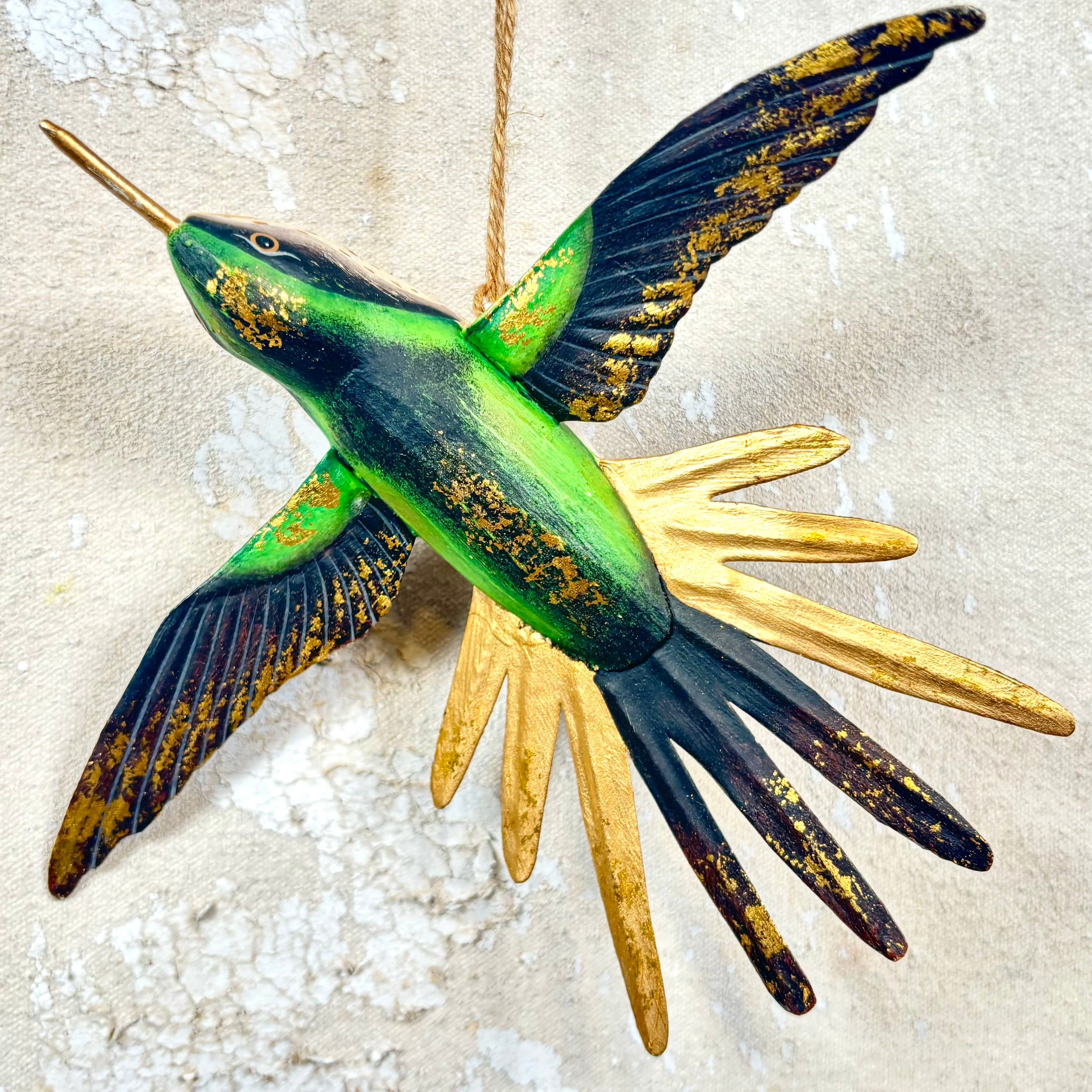 Hand Carved Wood Hummingbird Ornament Green Gold