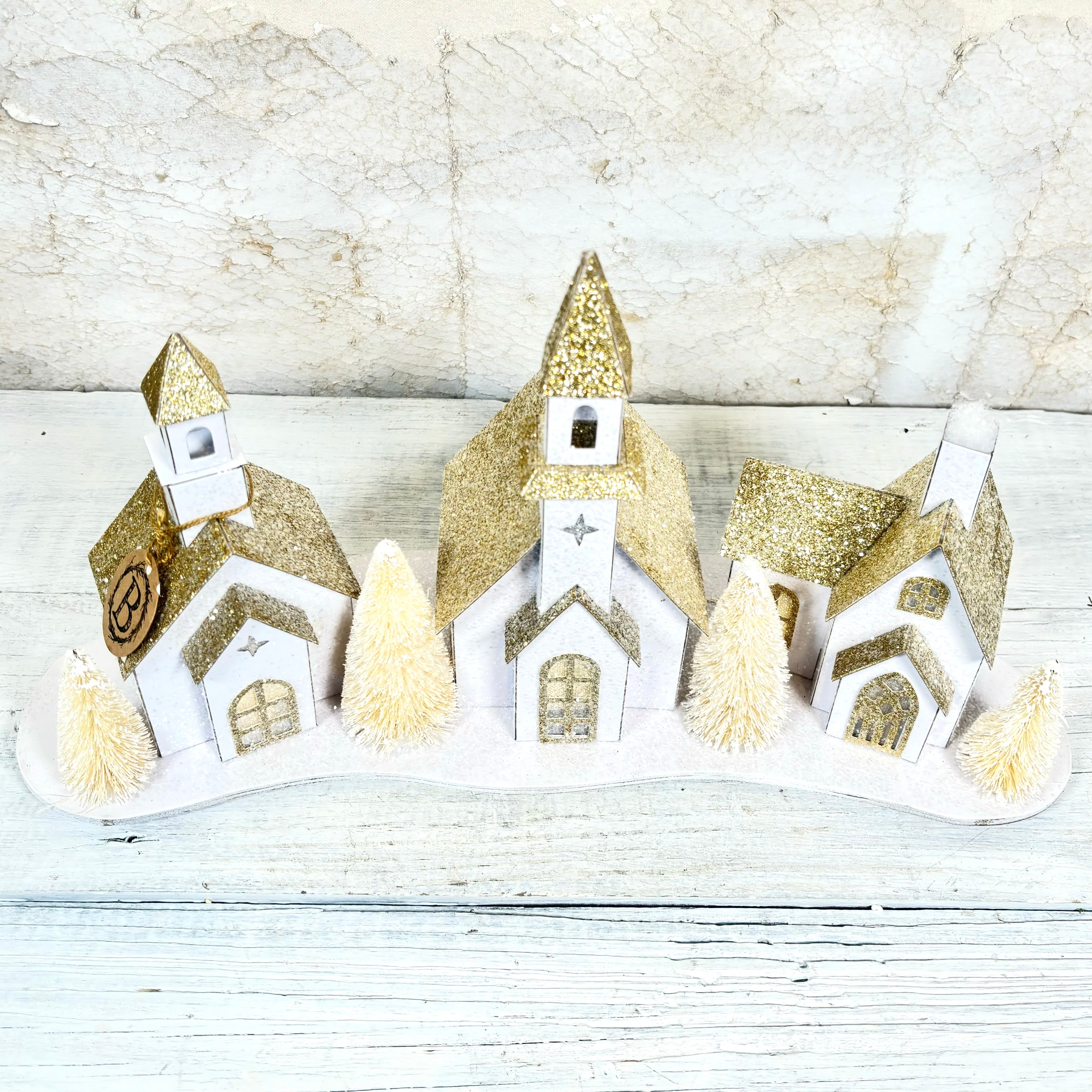 Cardboard Snowy Village with Church LED Battery Timer