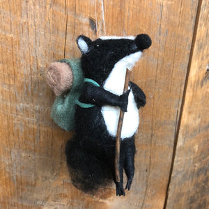 Felt Hiking Badger with Walking Stick and Backpack Ornament