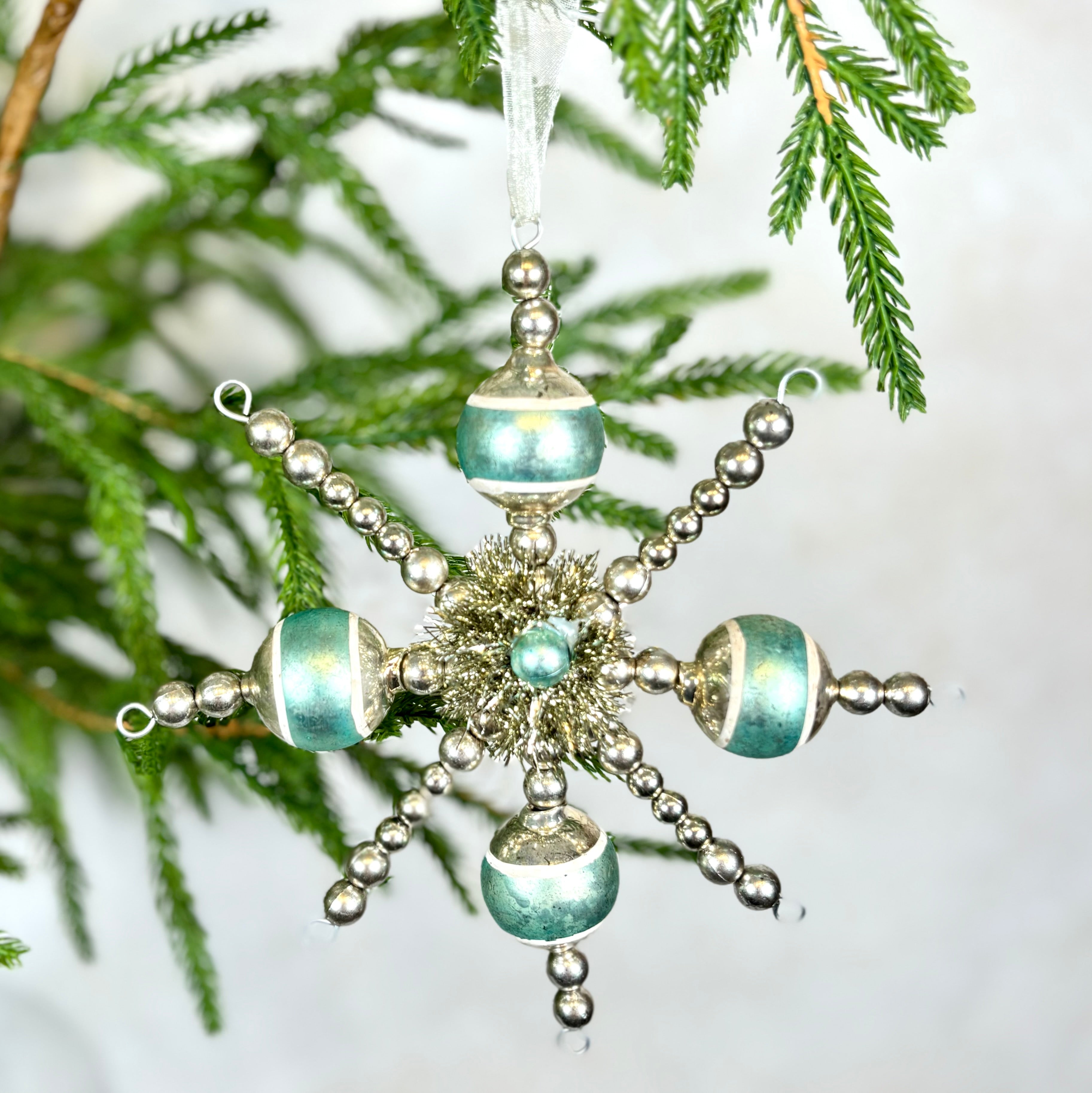 Retro Style Champagne Aquamarine Bead Snowflake Ornament