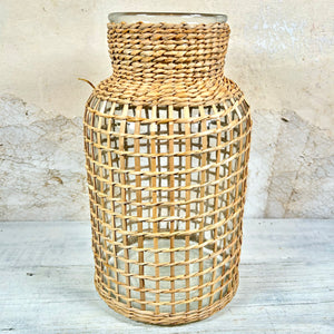 Glass Hurricane Vase in Woven Sleeve