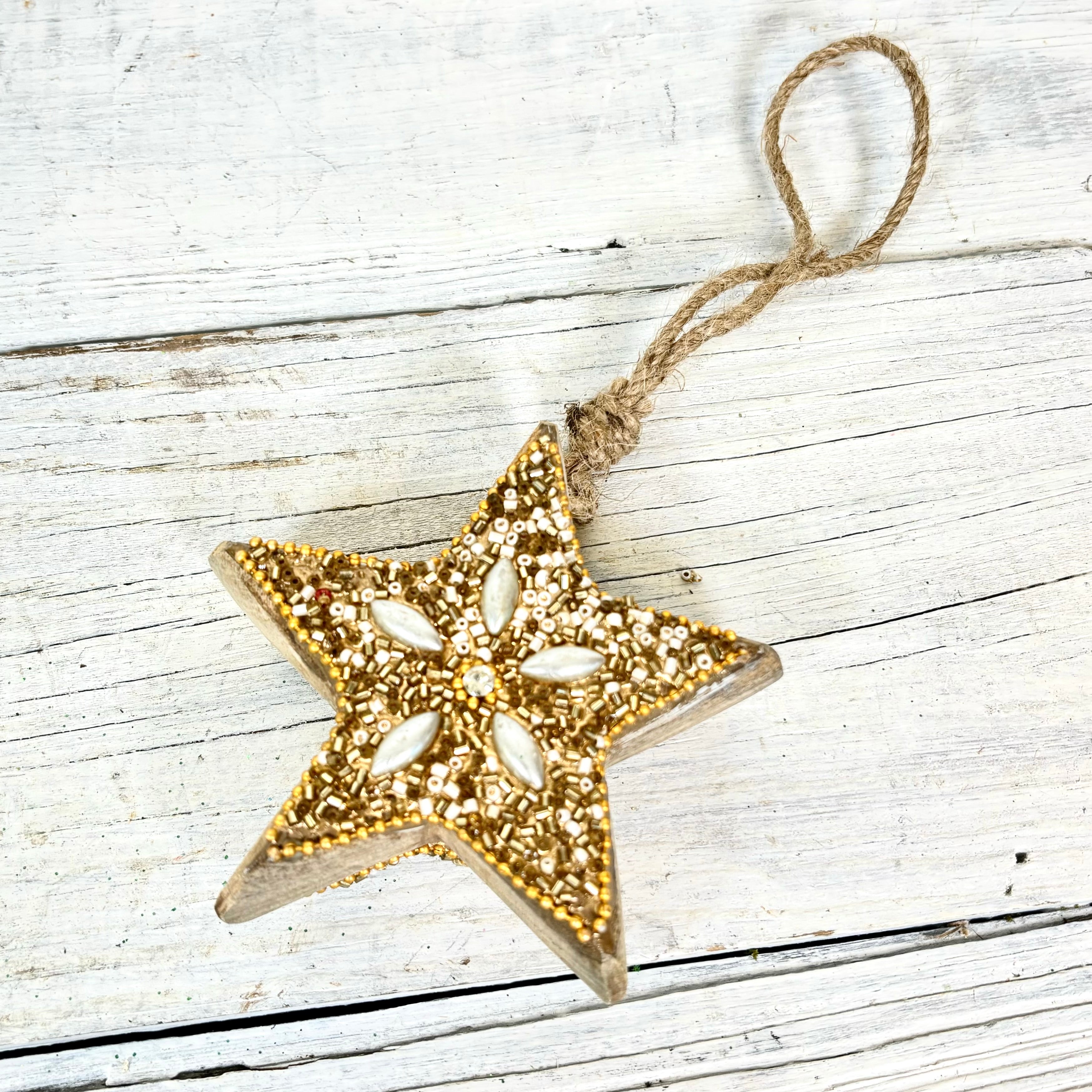 Beaded Boho Wood Gold Star Small