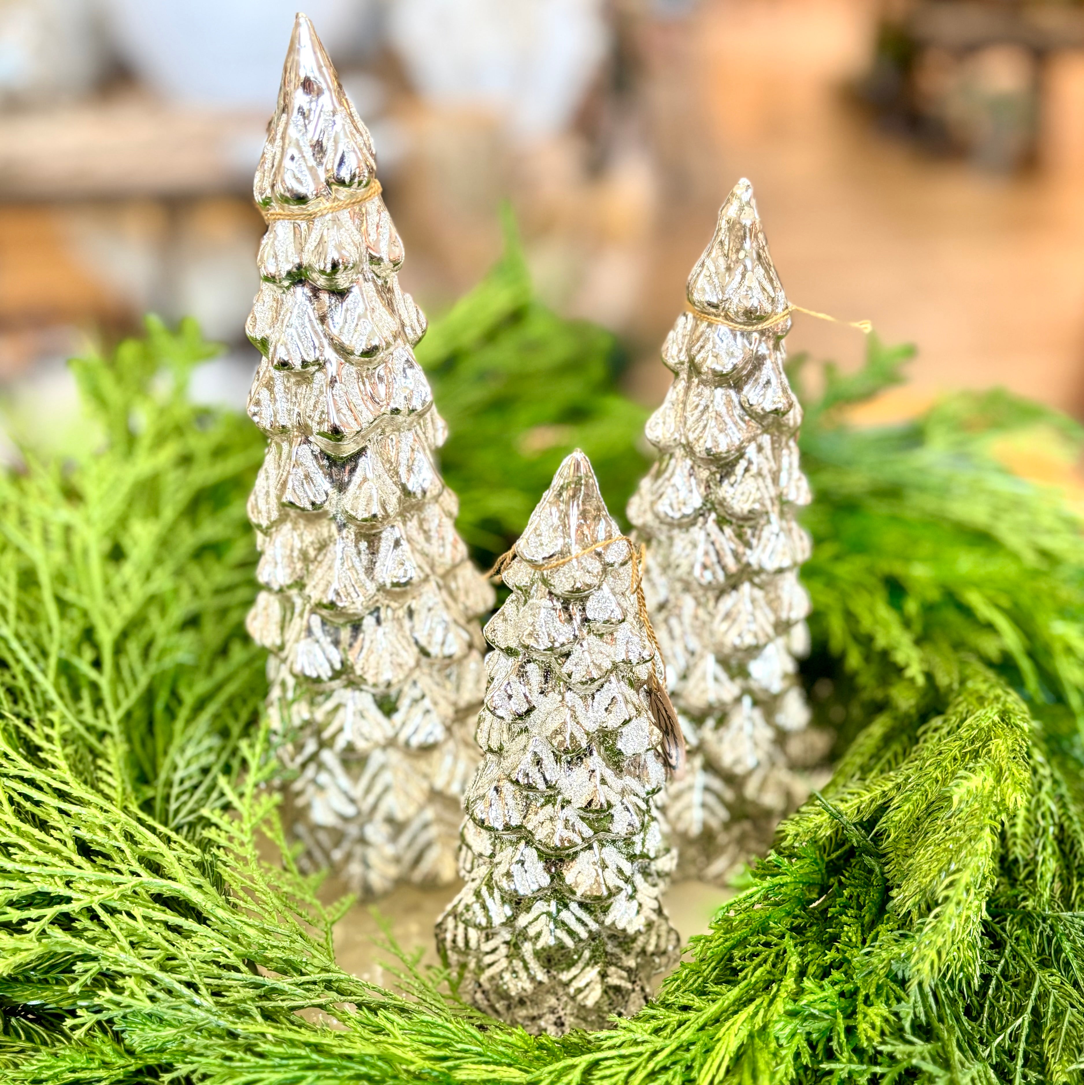 Glittered LED Silver Glass Mercury Tree Short