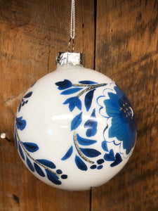Flowering Chinoiserie Glass Ball Ornament Blue White