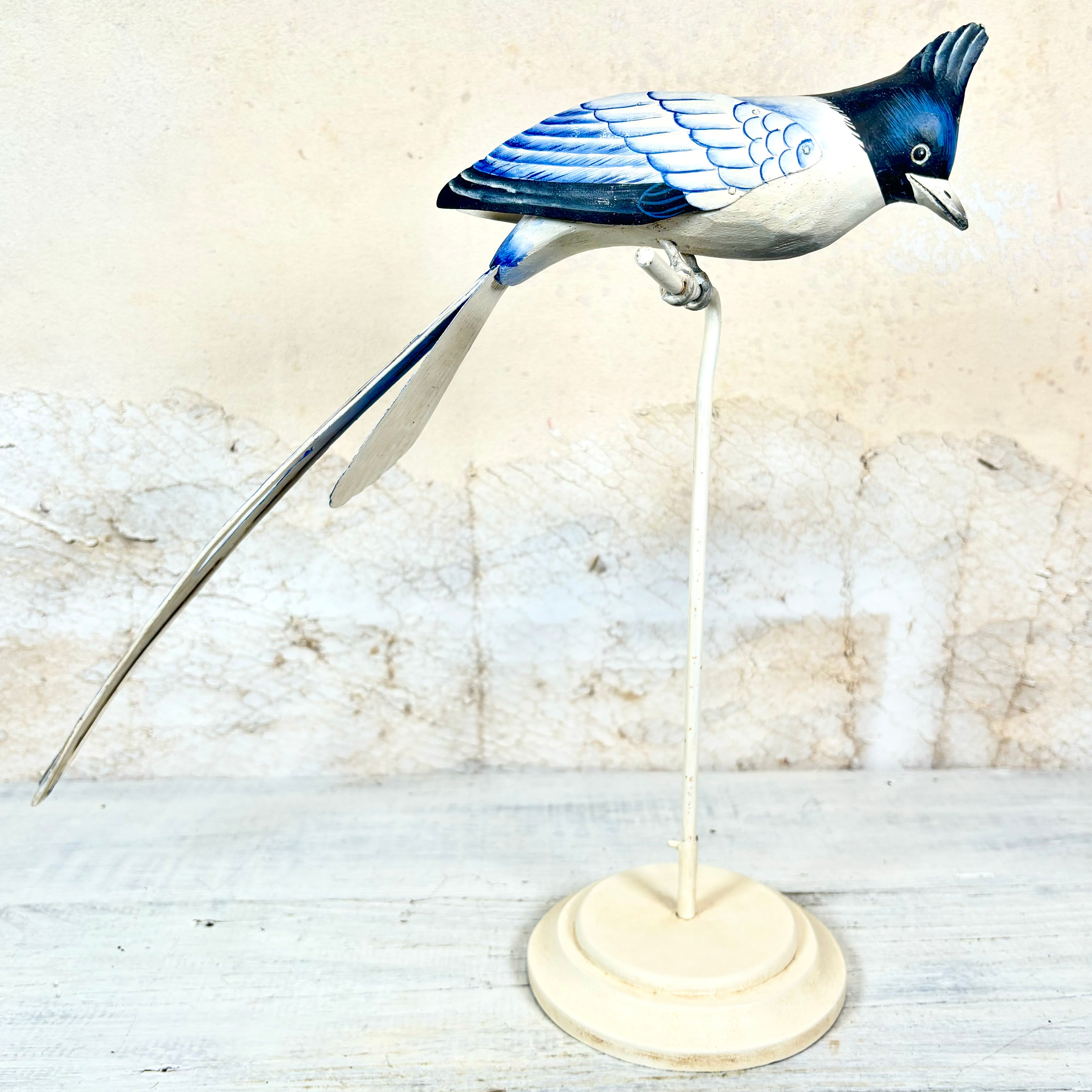 Hand Carved Wood Long Tailed Blue White Bird on Stand 14"