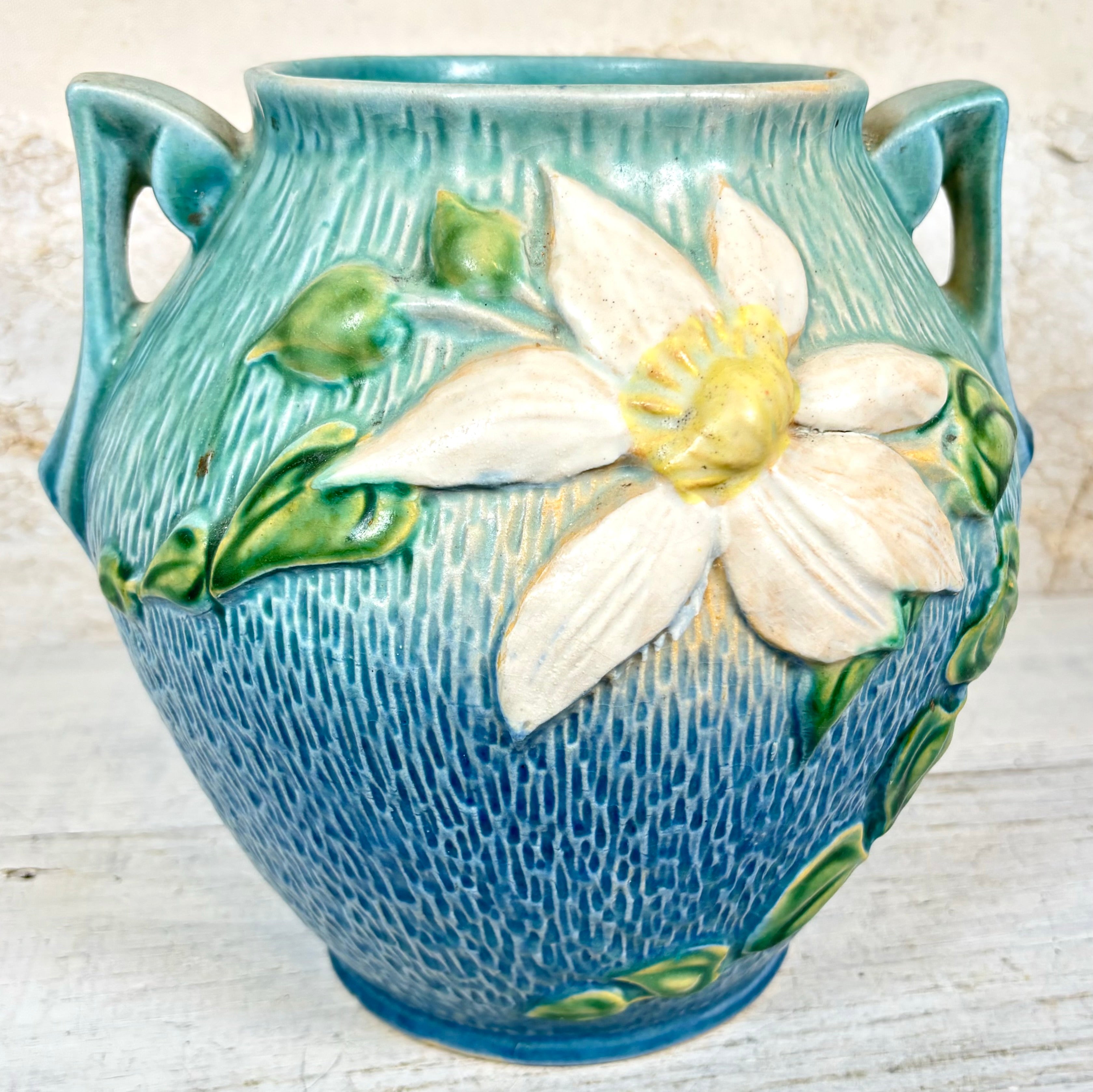 Roseville Pottery Clematis Blue Handled Cookie Jar