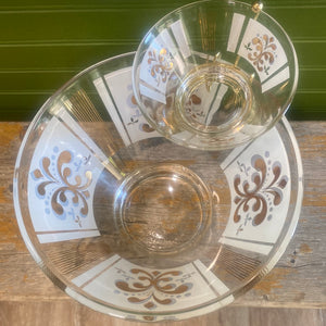 Mid Century Modern Gold and Glass Chip and Dip Set
