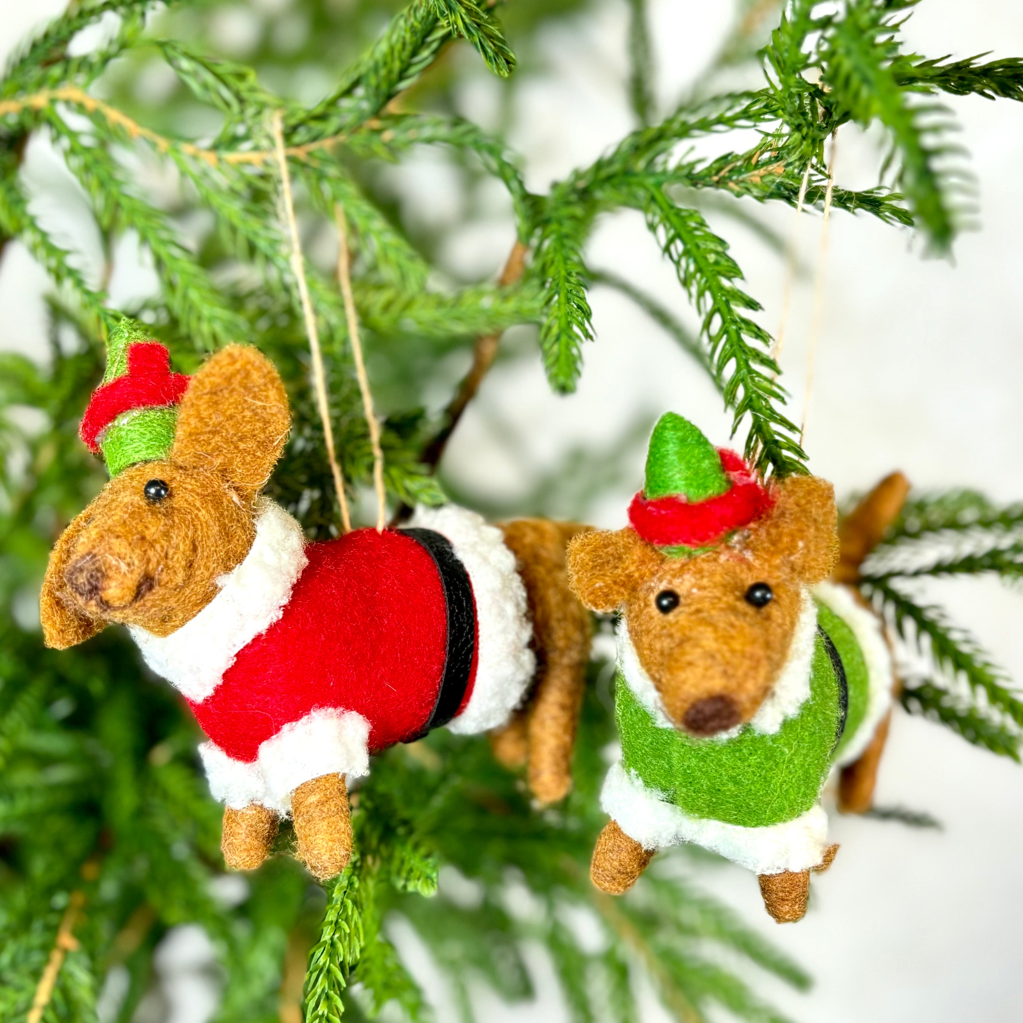 Felt Daschund in Green Santa Outfit Ornament