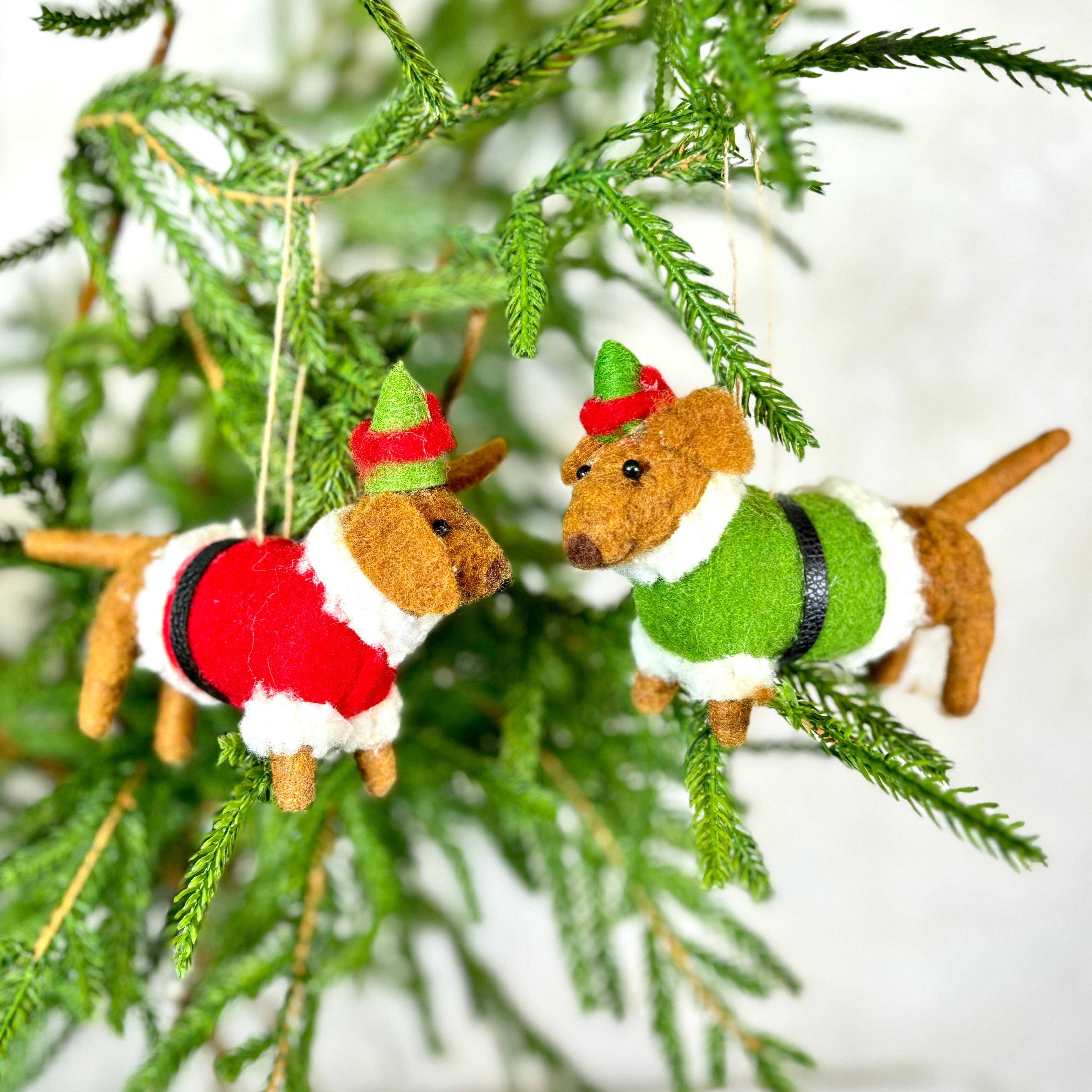 Felt Daschund in Green Santa Outfit Ornament