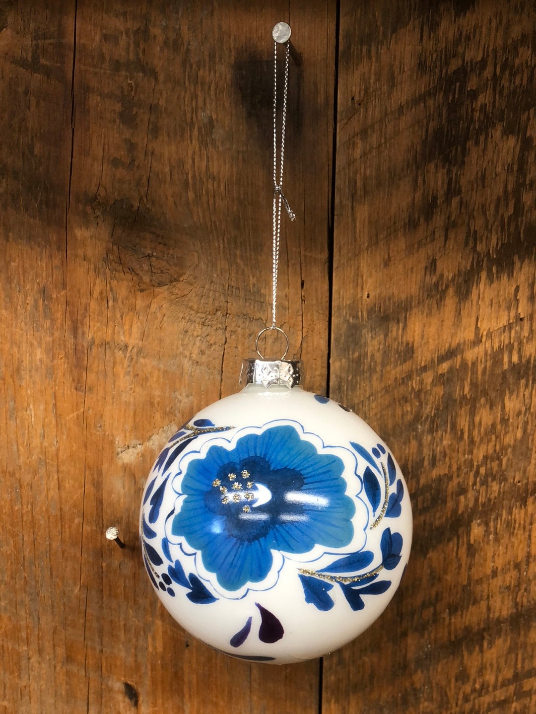 Flowering Chinoiserie Glass Ball Ornament Blue White