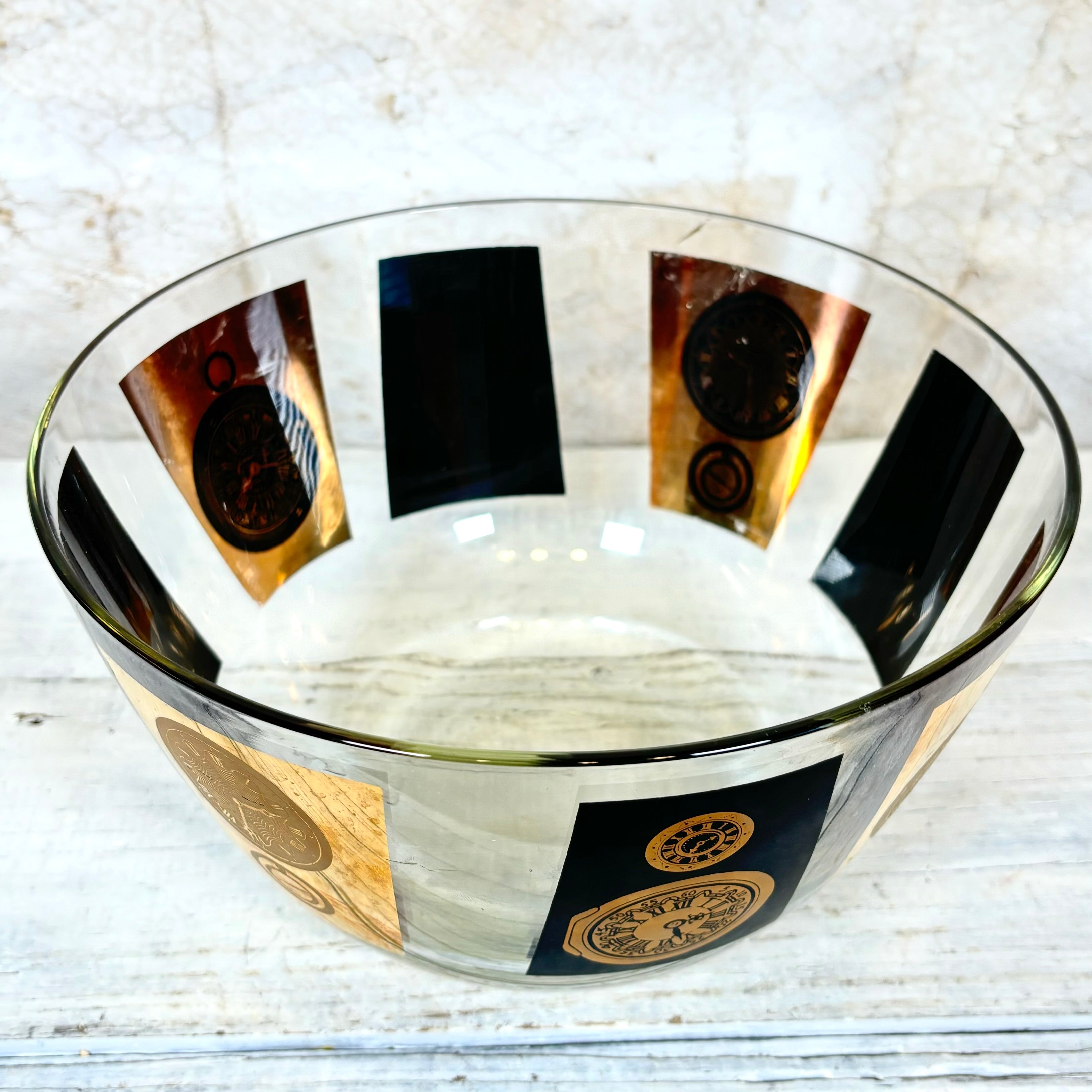 Mid Century Modern Glass Bowl with Black and Gold Clocks