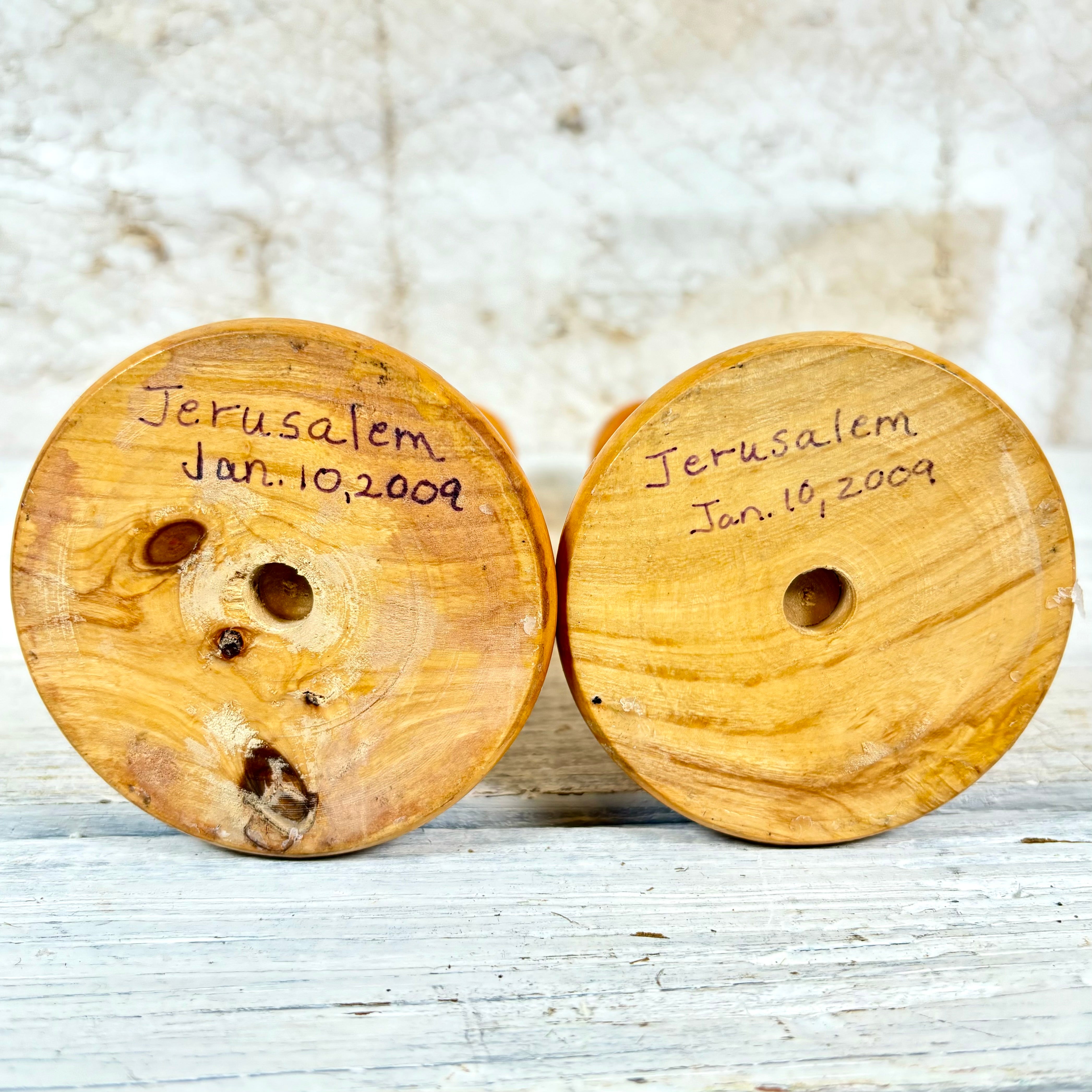 Vintage Carved Olive Wood Candlesticks Set of Two