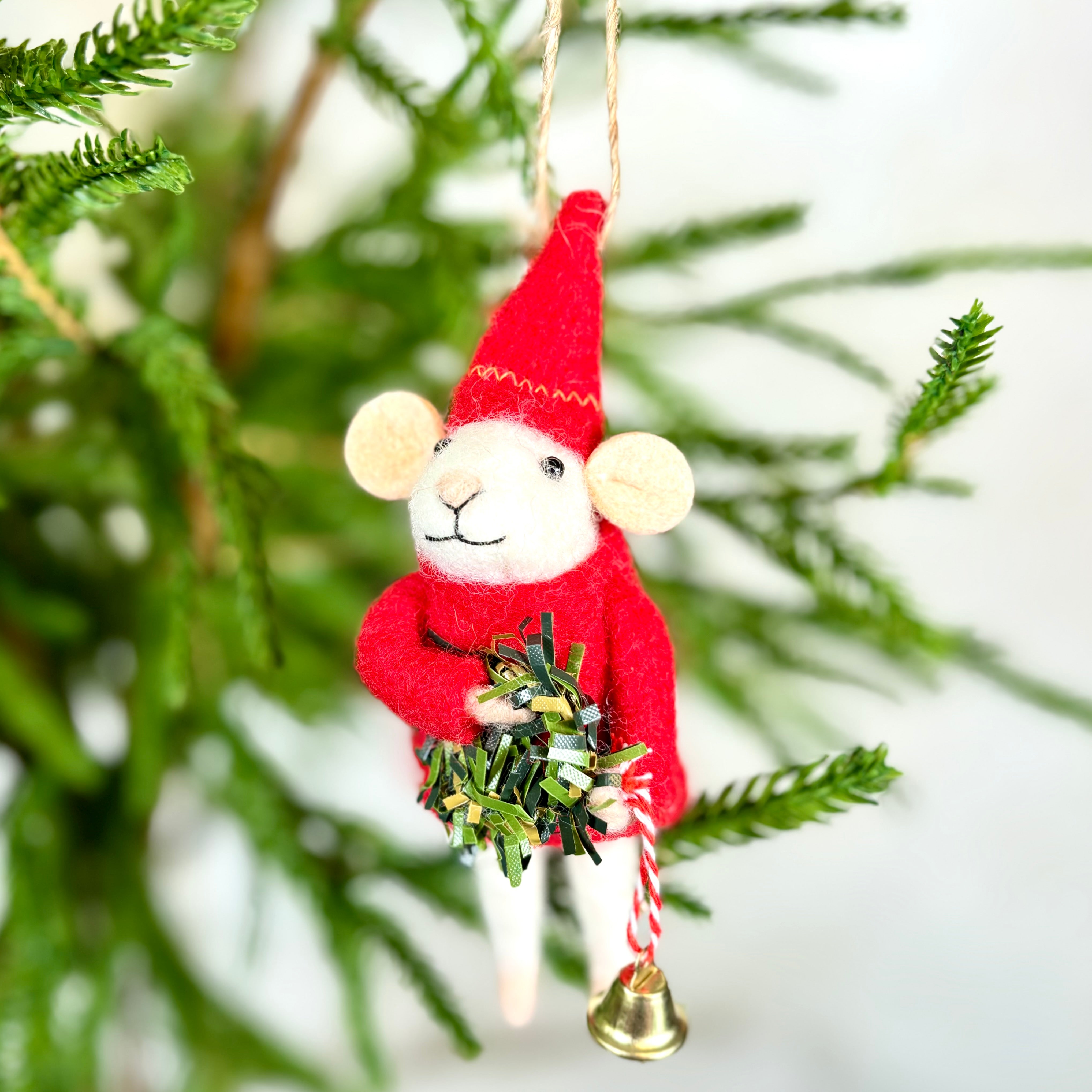 Felt Mouse with Wreath Hat and Bell Ornament