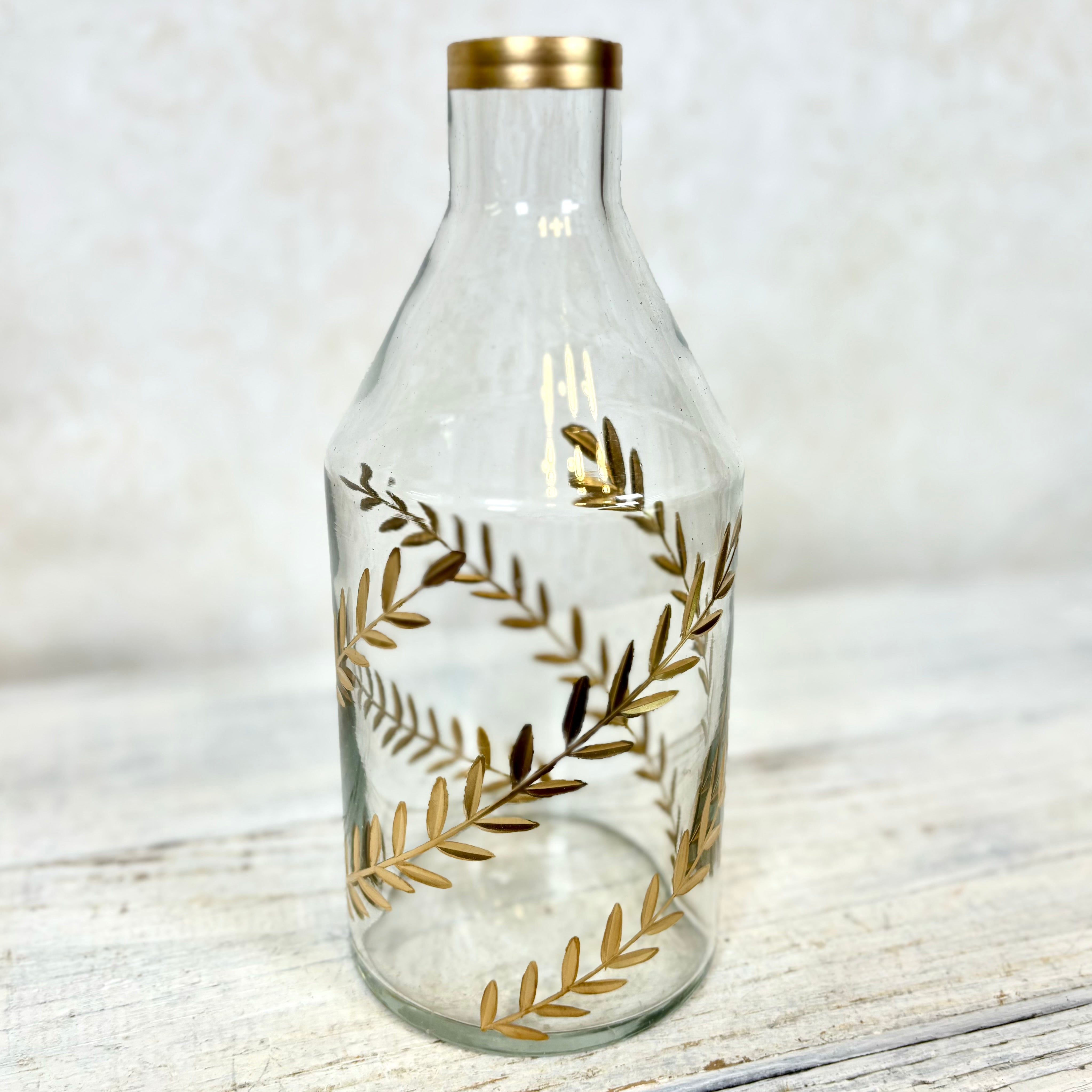 Gold Gilded Leaf Etched Clear Glass Vase Tall