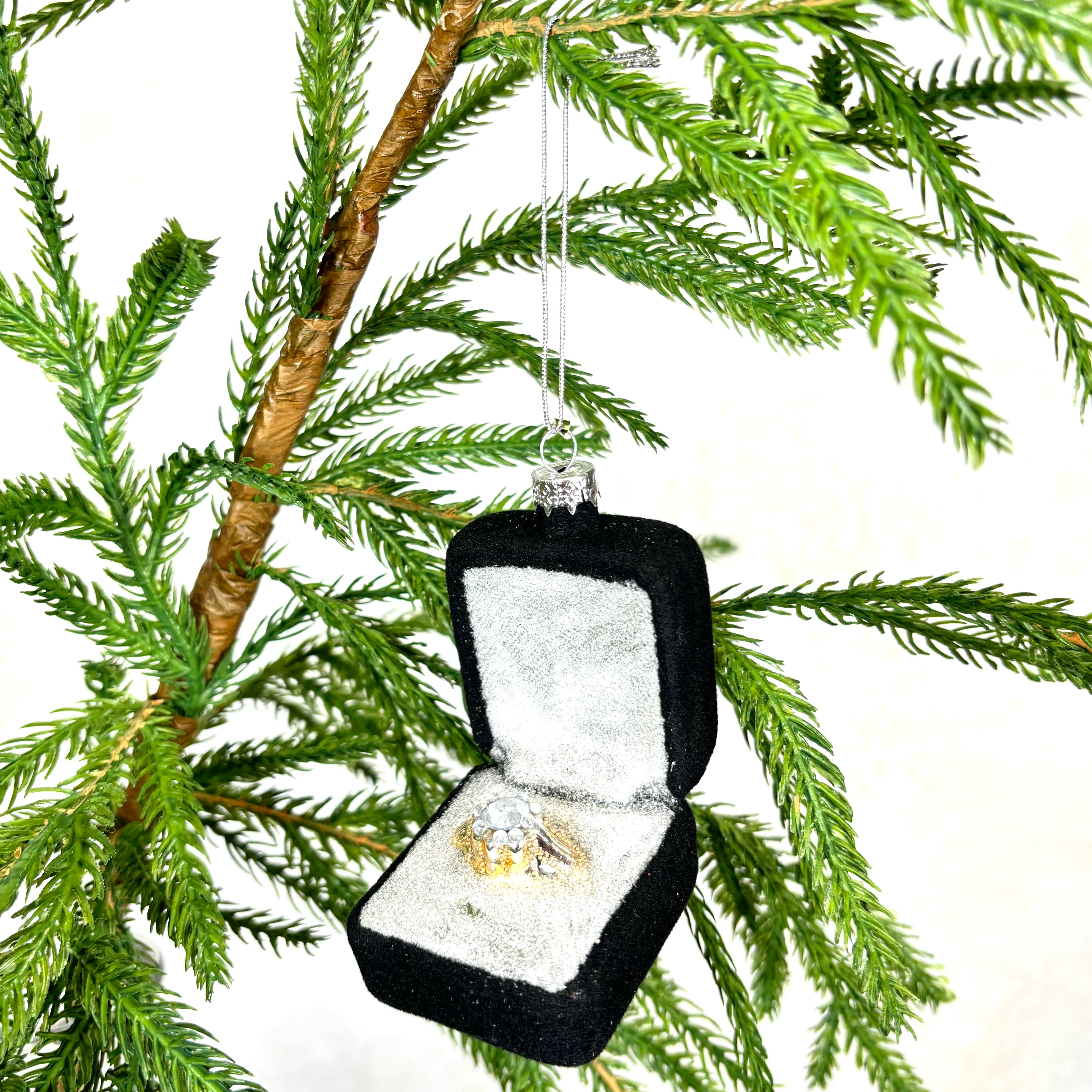 Diamond Engagement Ring in Black Velvet Box Glass Ornament