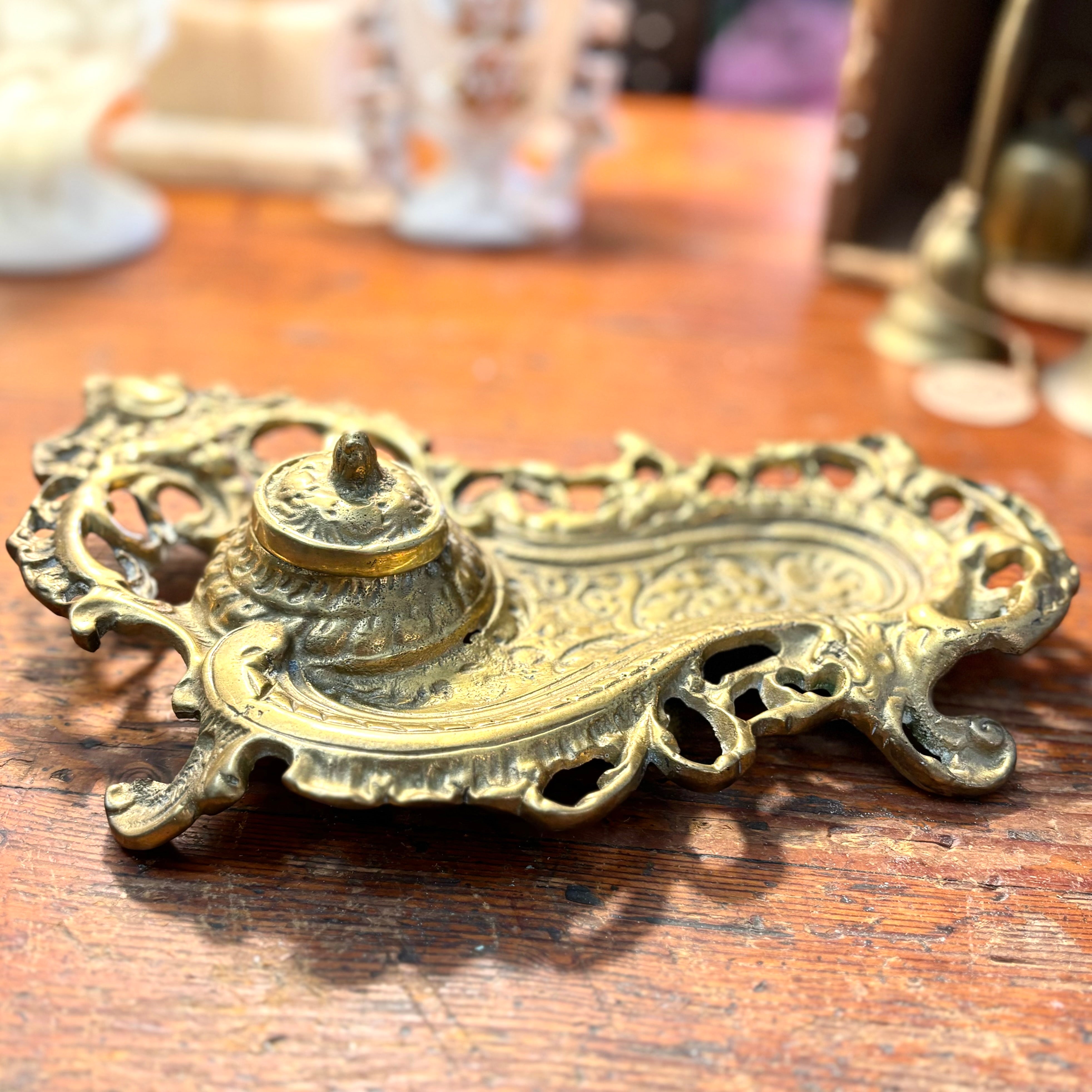 Ornate Victorian Style Brass Inkwell