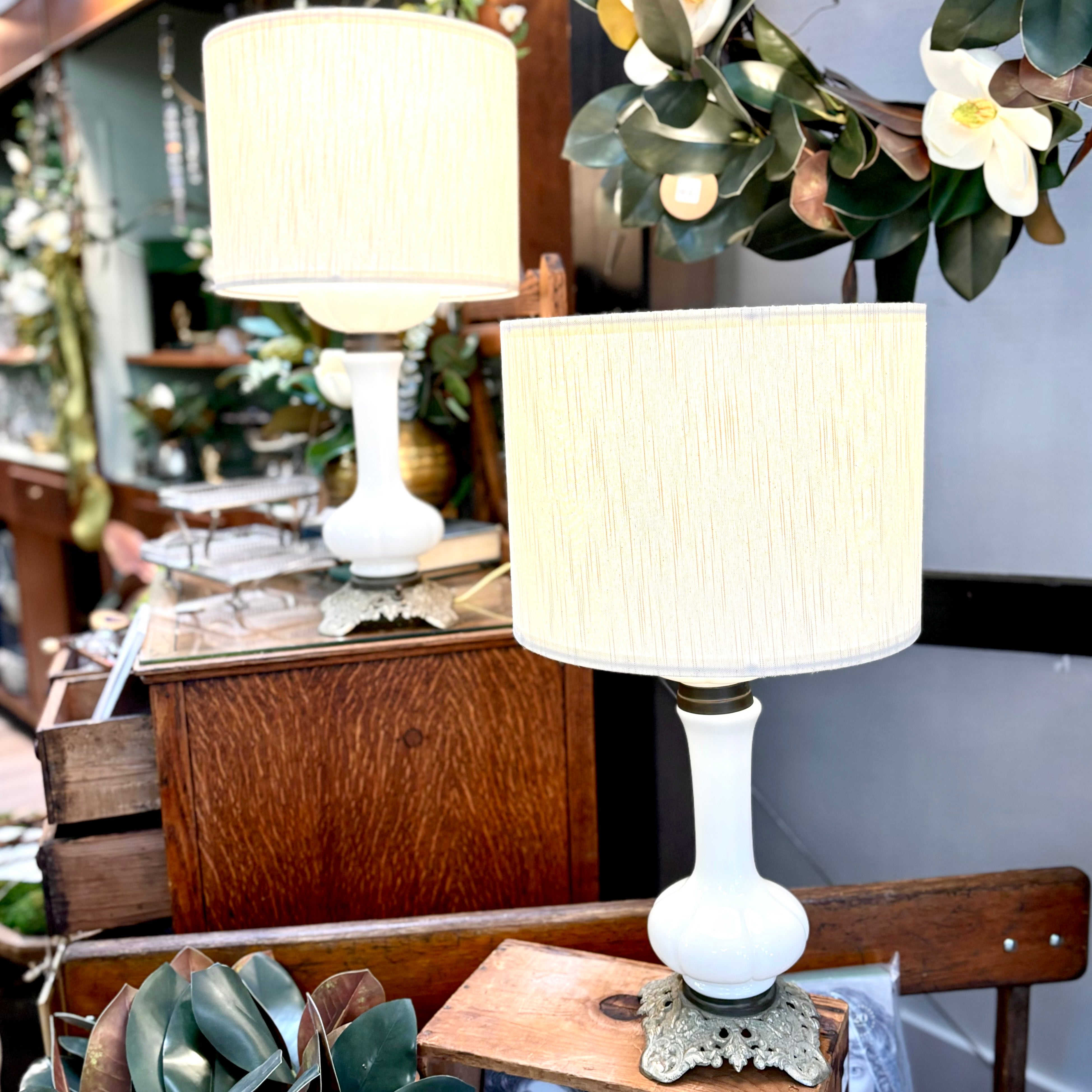 Set of Two Antique French Opal Glass Lamps