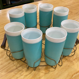 Vintage Thermo-ware Teal Cups With Carrier
