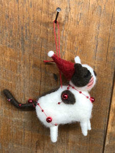 Felt Cat with Brown Spots and Red Hat and Red Garland