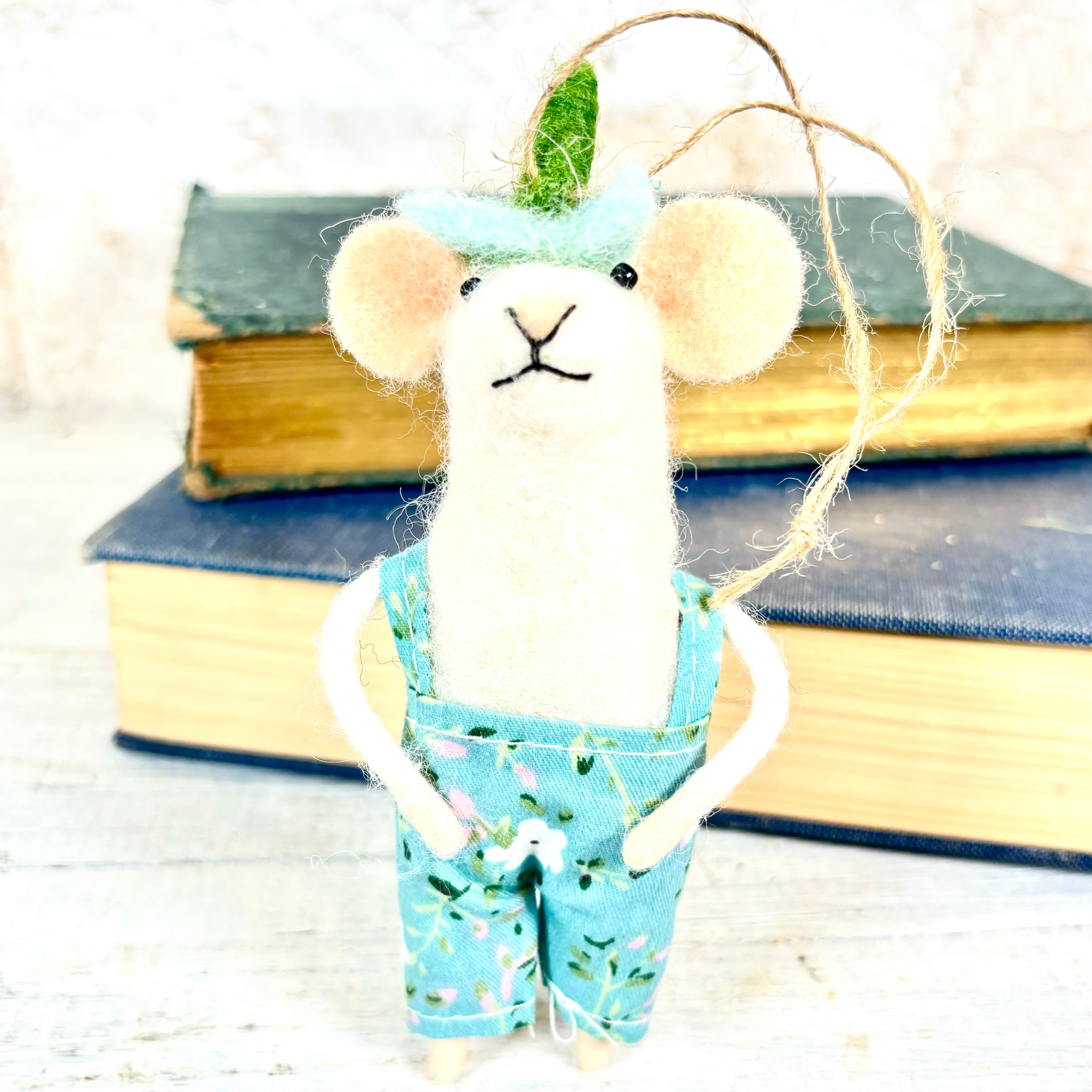 Felt Mouse Ornament in Spring Floral Print Overalls