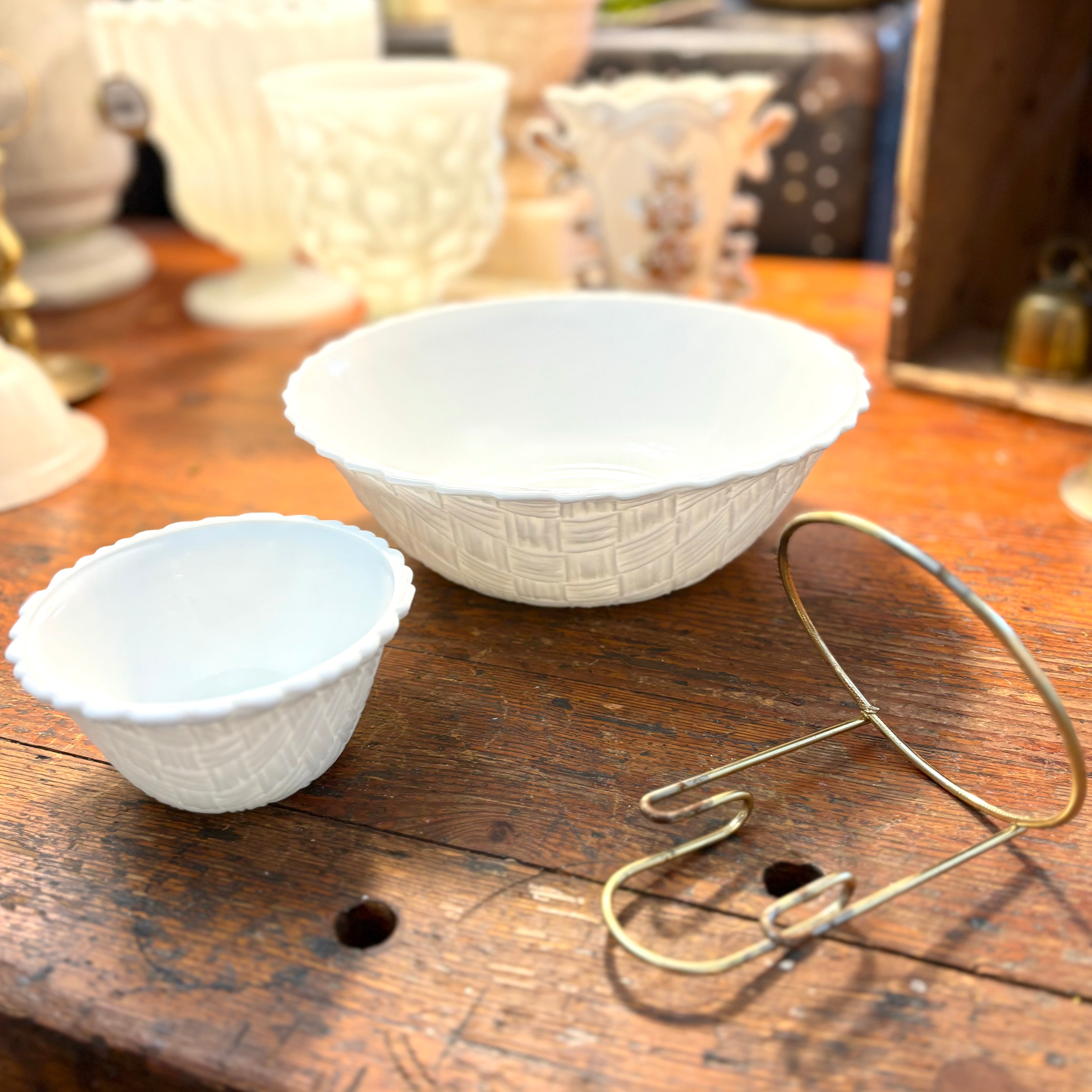 Vintage Indiana Milk Glass Basketweave Chip & Dip Set