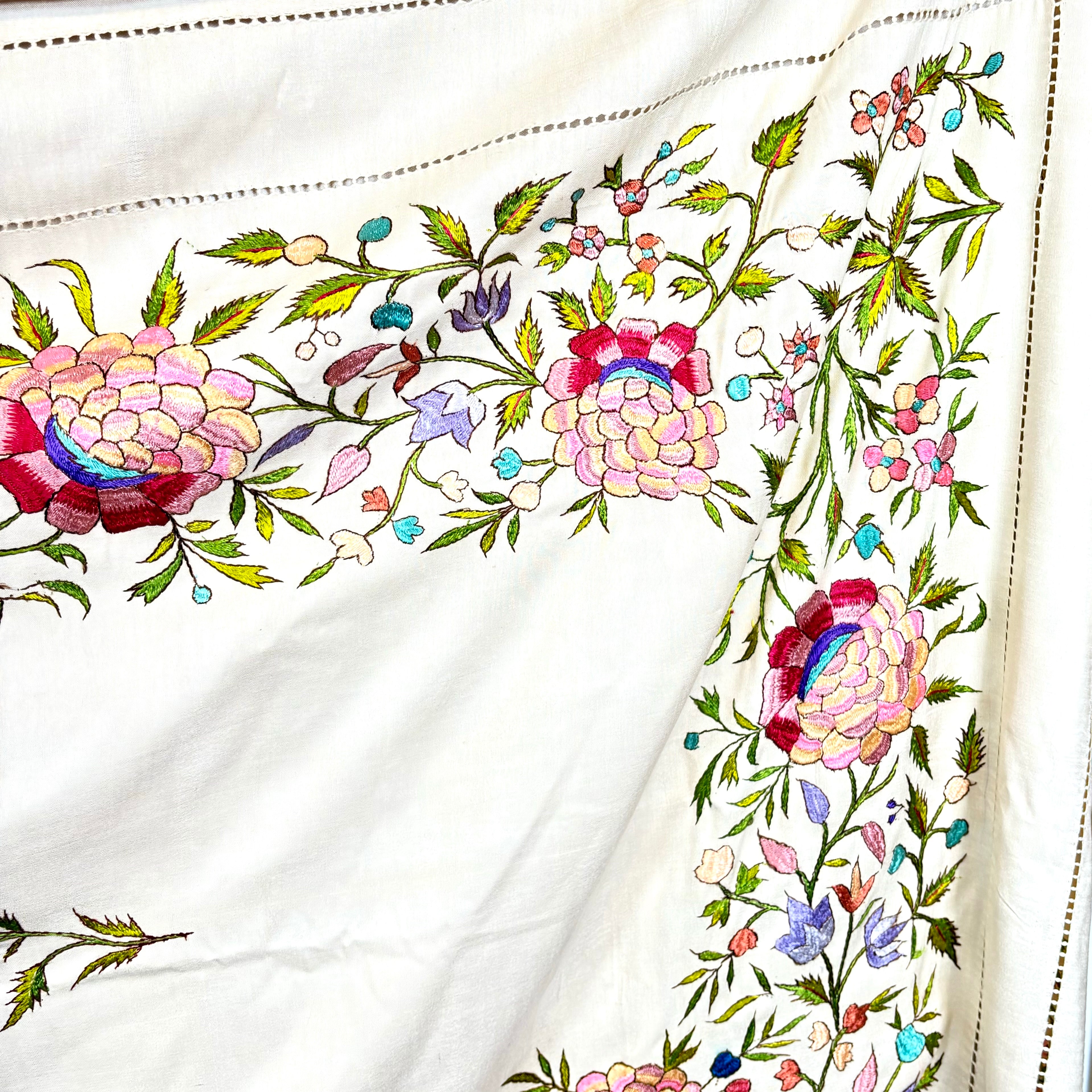 Vintage Embroidered Floral Tablecloth