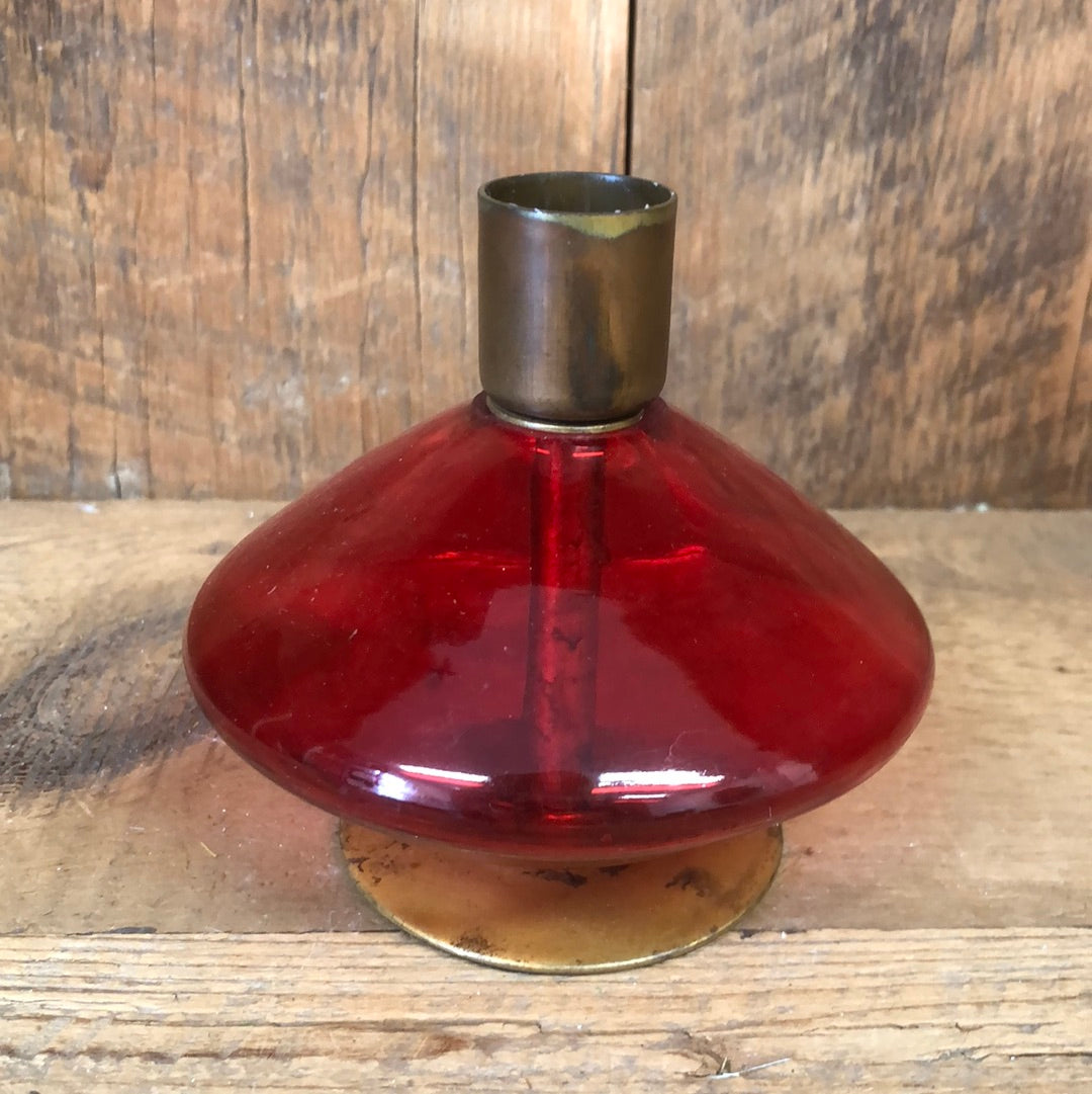 Red Glass and Metal Taper Candle Holder Large