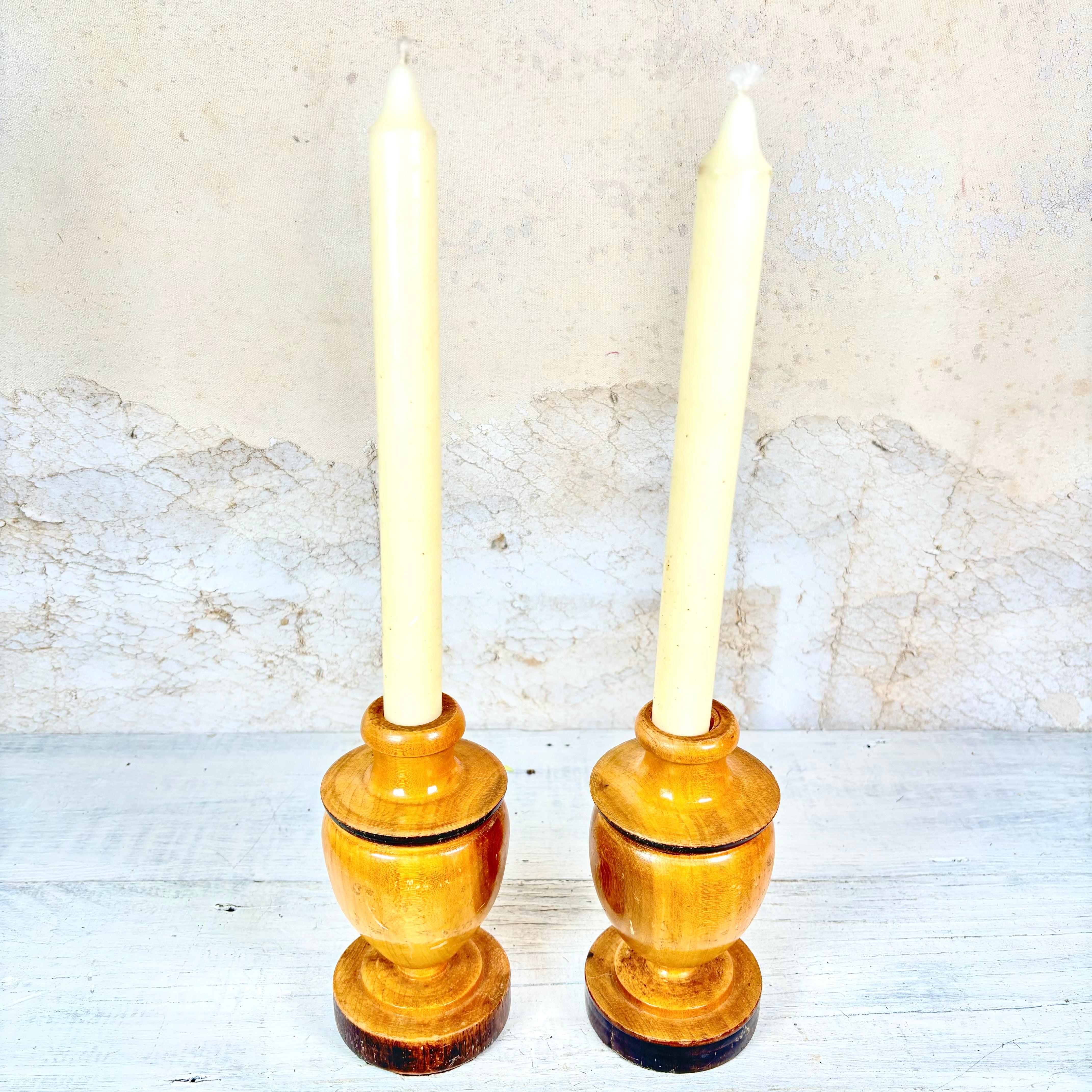 Vintage Small Burnished Wood Candle Holders Set of Two