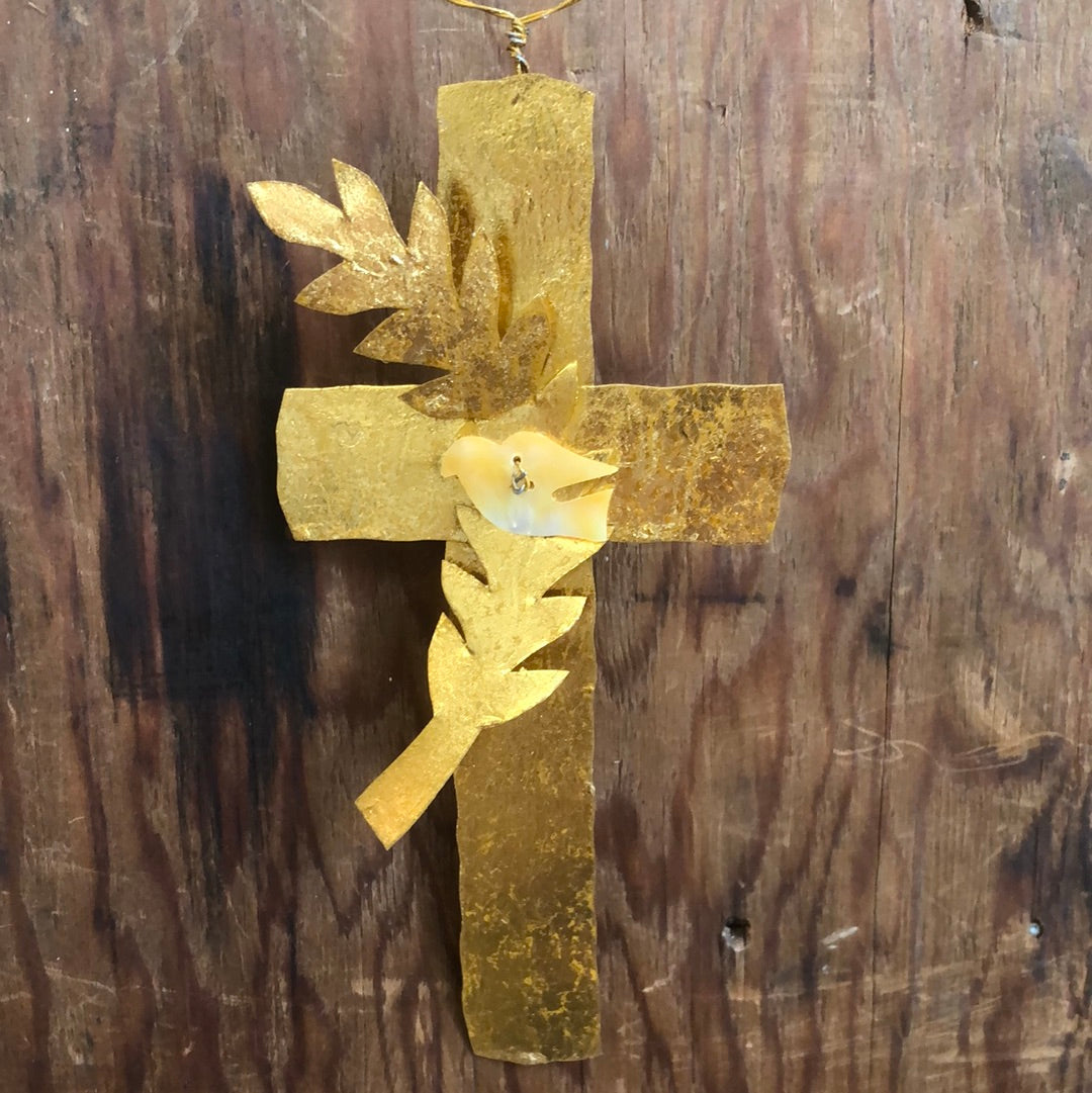 Gold Cross with Dove and Laurel Spray Ornament