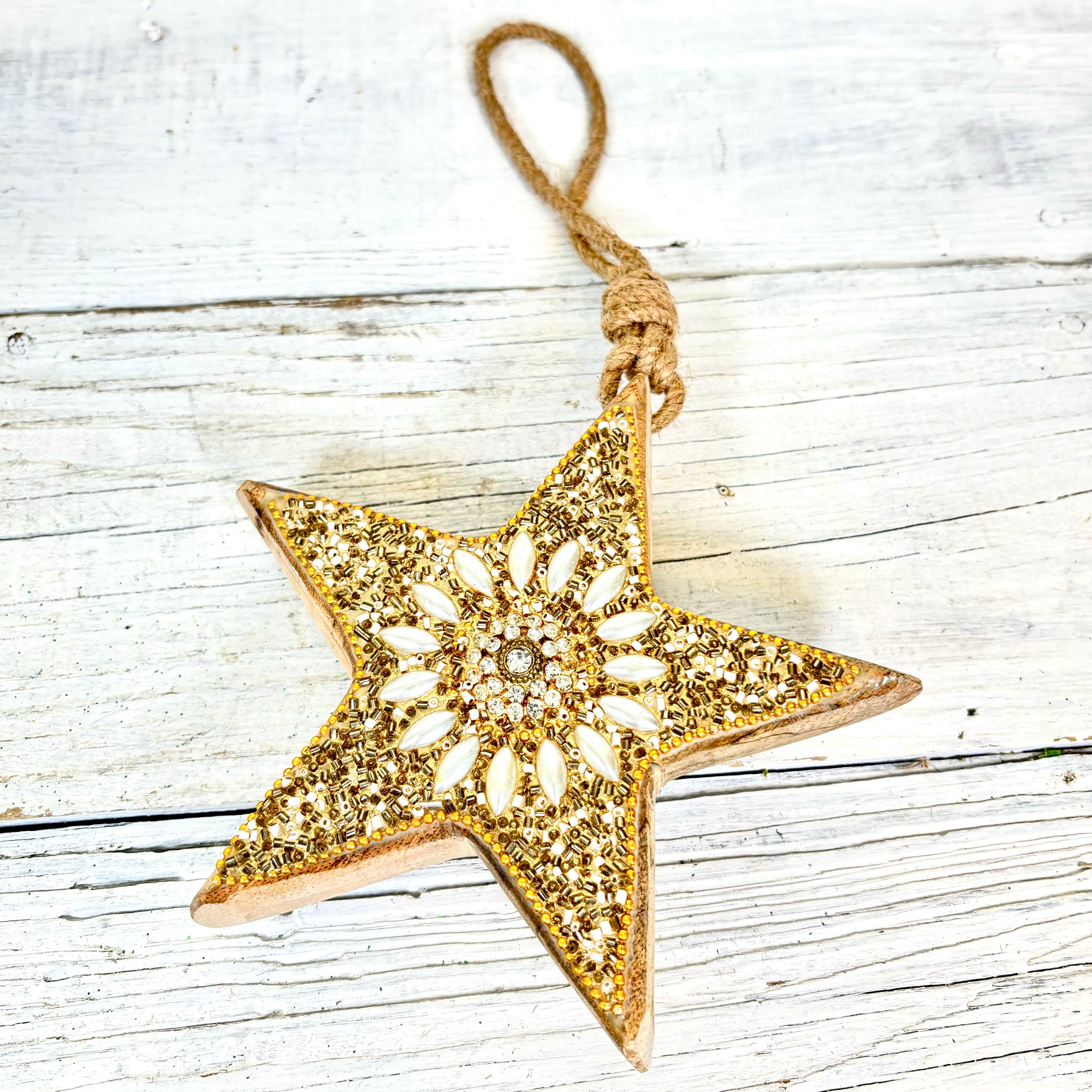 Beaded Boho Wood Gold Star Large