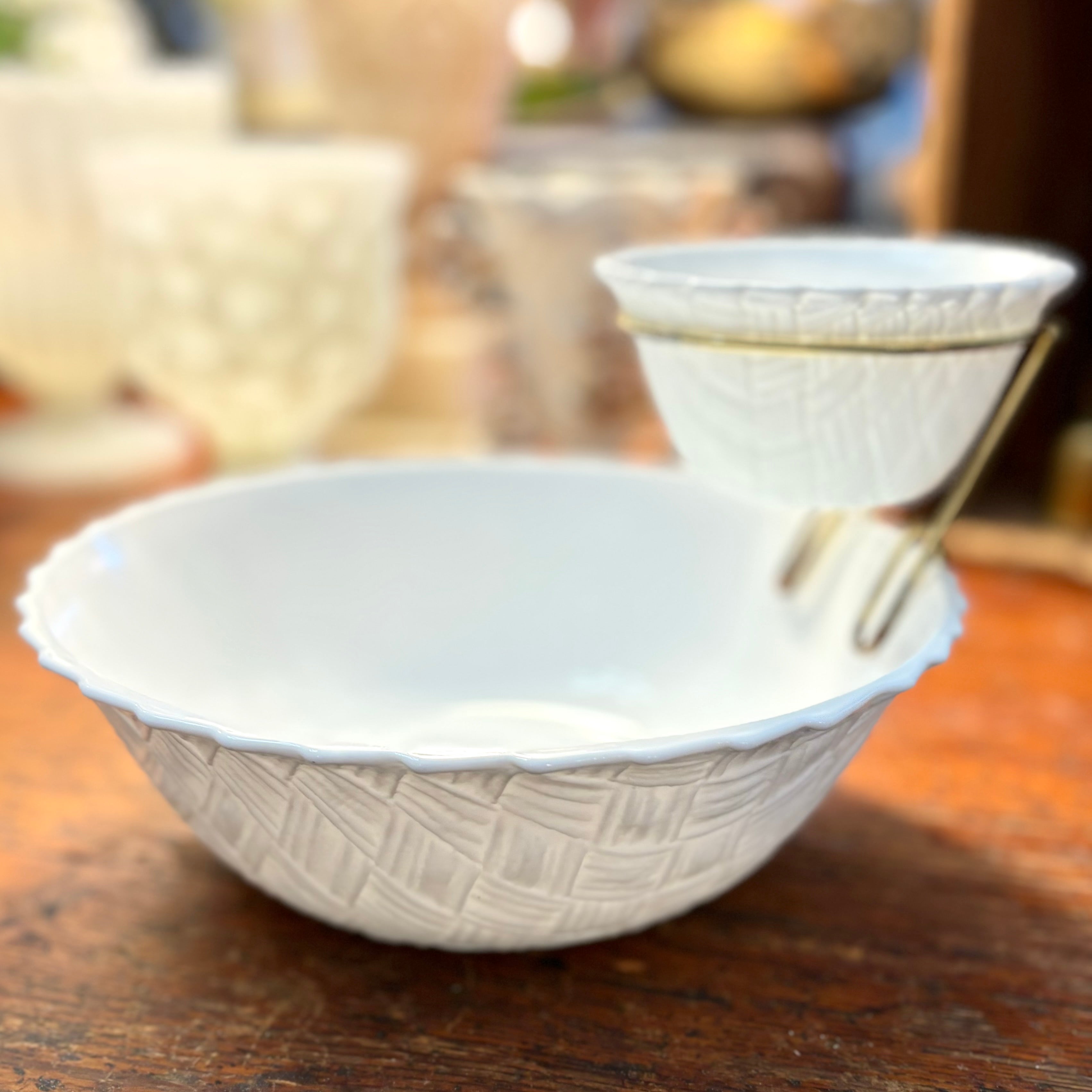 7 Piece Set of Vintage 1950s Indiana Glass WEAVETEX Basket Weave Milk Glass Serving Bowls ~ 9