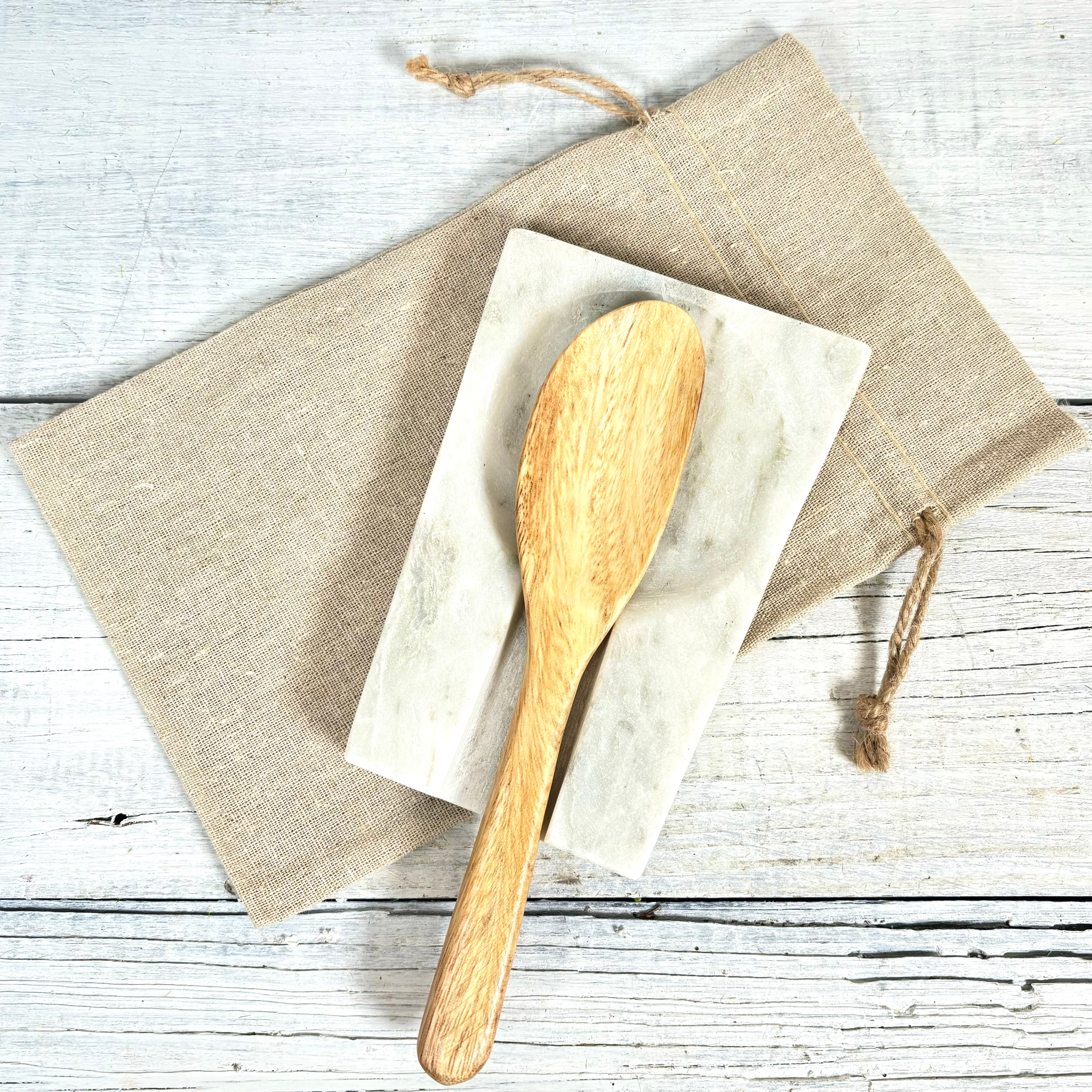 Marble Spoon Rest with Hand-Carved Acacia Wood Spoon