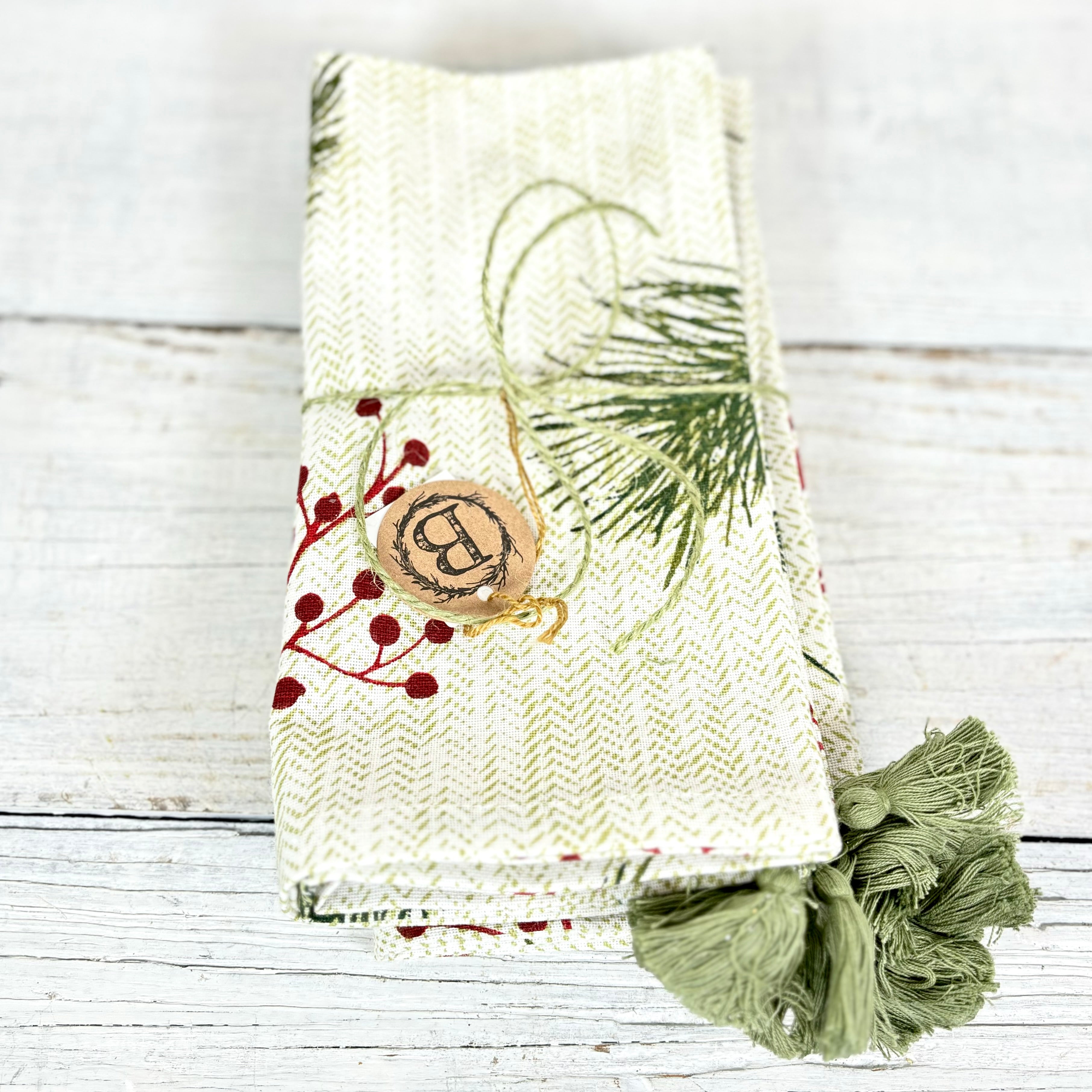 Cotton Napkin with Pine Needle and Red Berry Set of Four