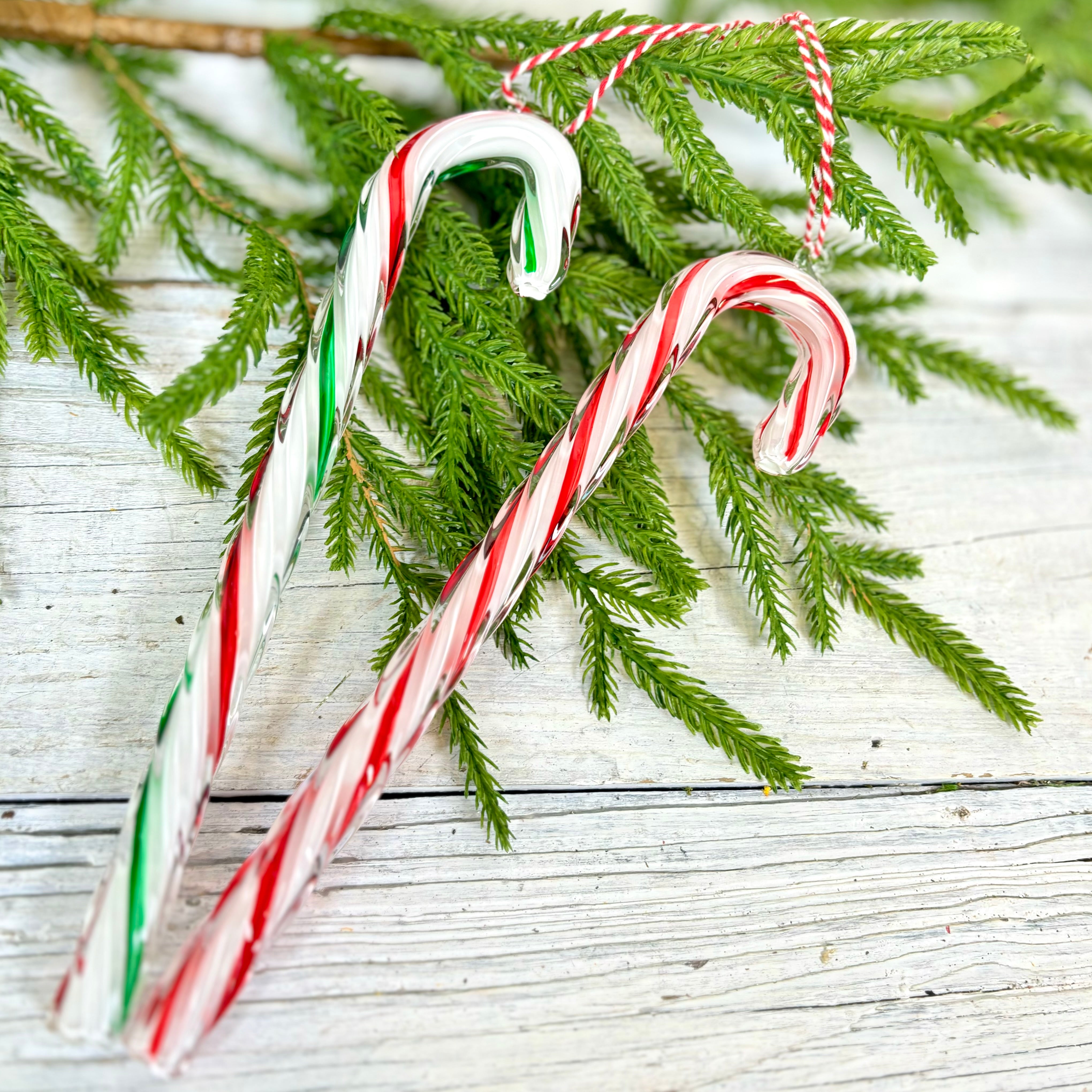 Blown Glass Candy Cane Red White Green Stripe