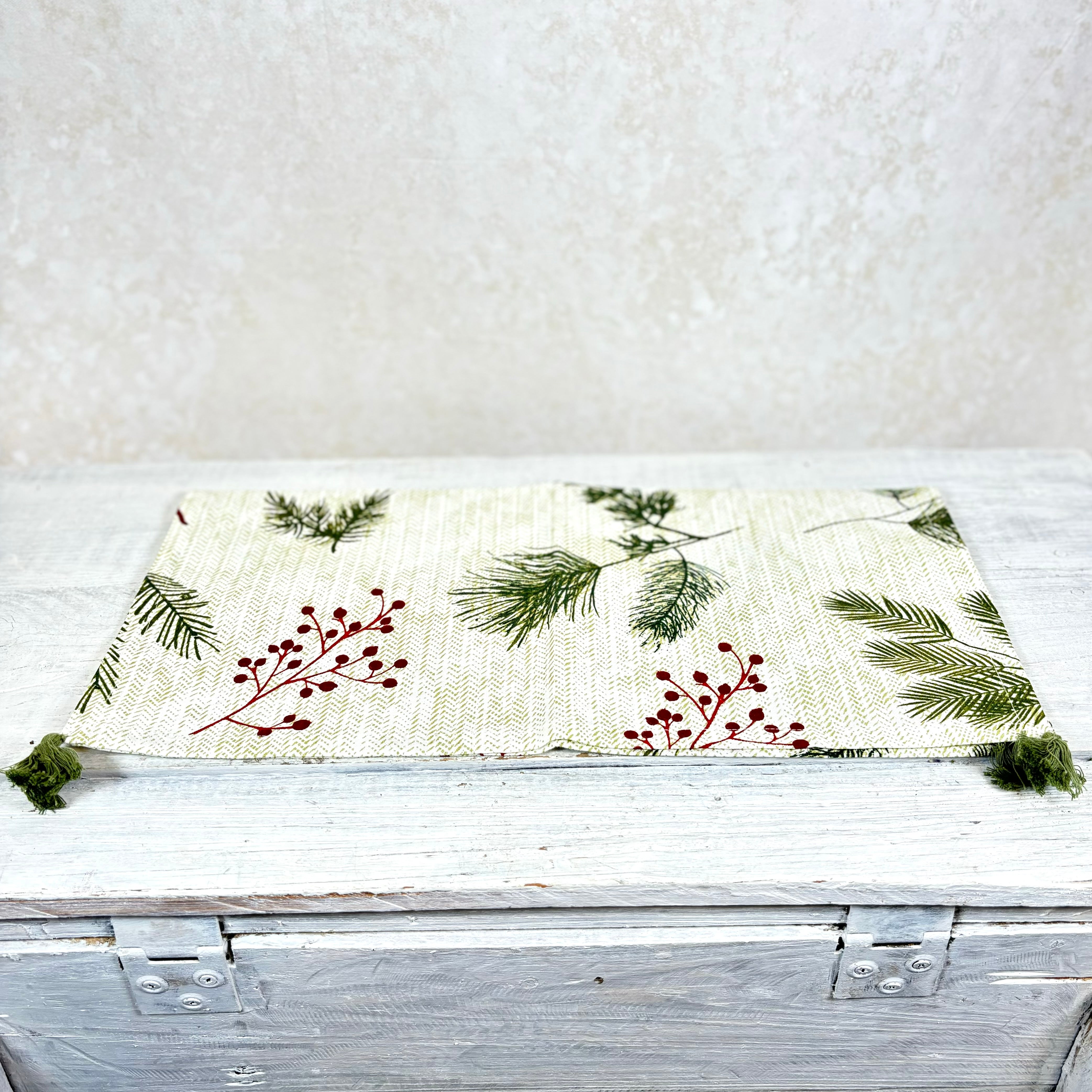 Cotton Napkin with Pine Needle and Red Berry Set of Four