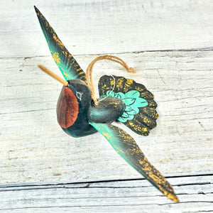 Hand Carved Wood Hummingbird Ornament Black Green Gold
