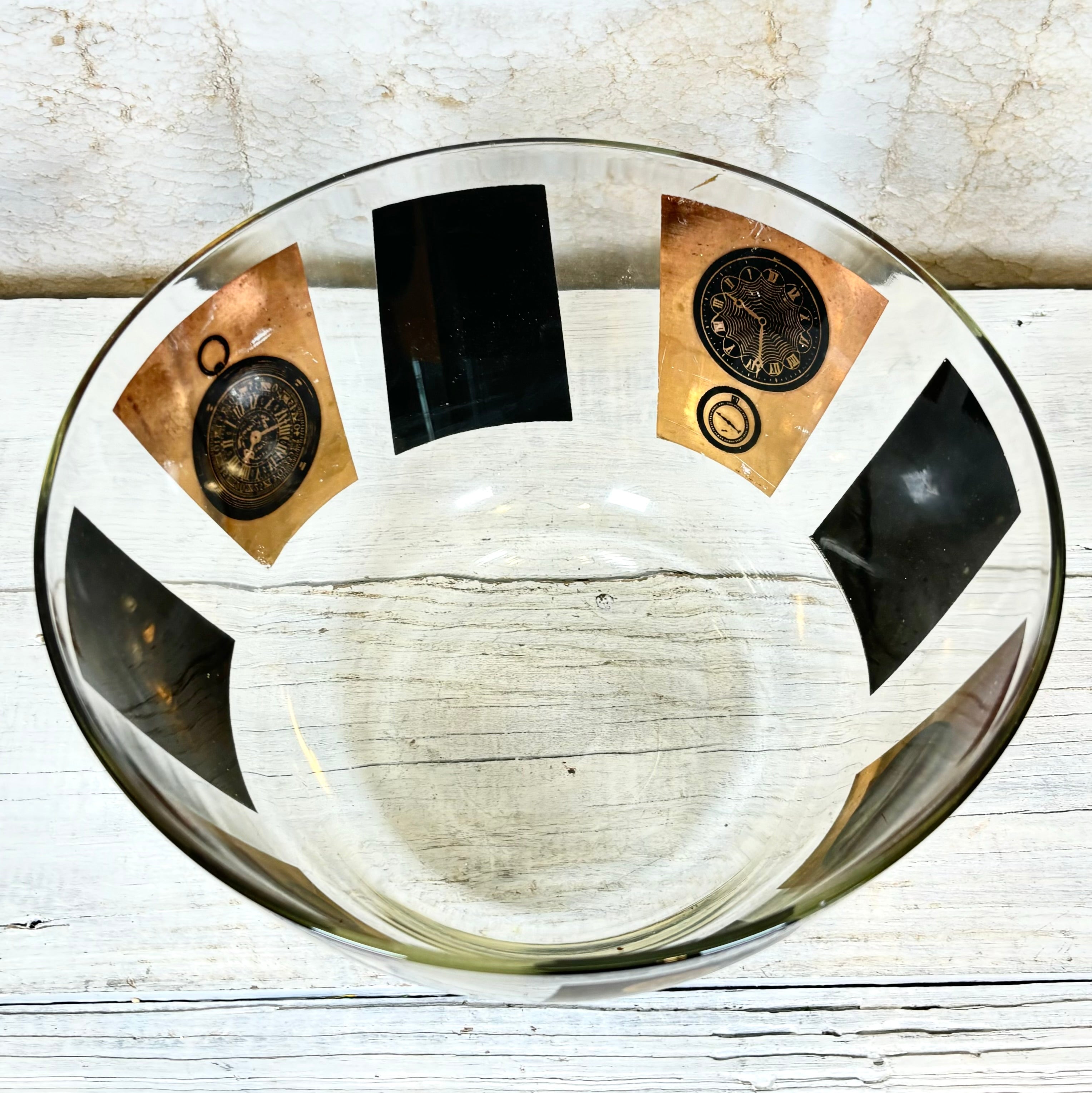 Mid Century Modern Glass Bowl with Black and Gold Clocks