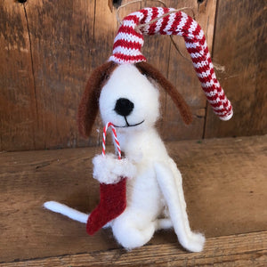 Felt Sitting Dog with Stocking and Extra Long Knit Hat Ornament