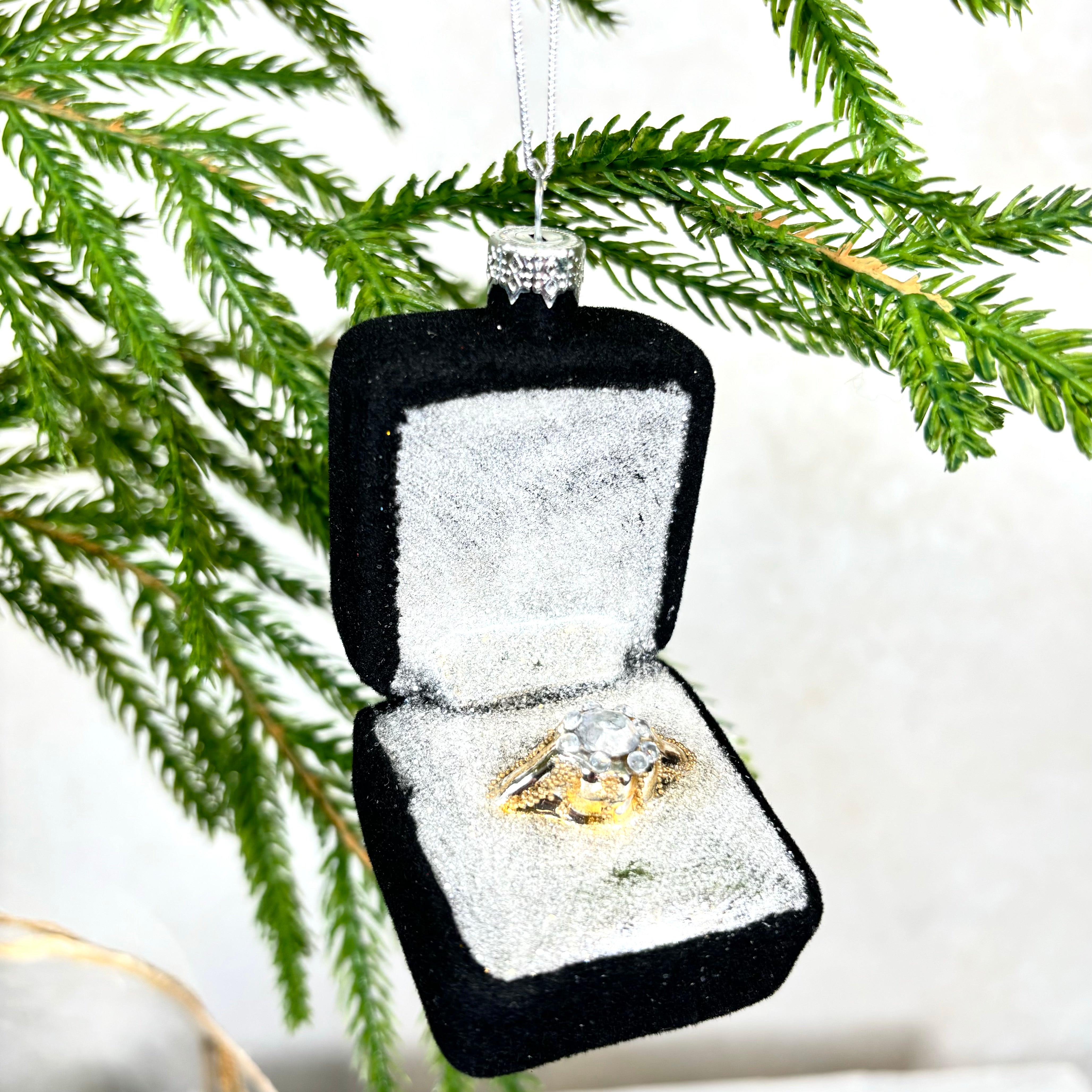 Diamond Engagement Ring in Black Velvet Box Glass Ornament